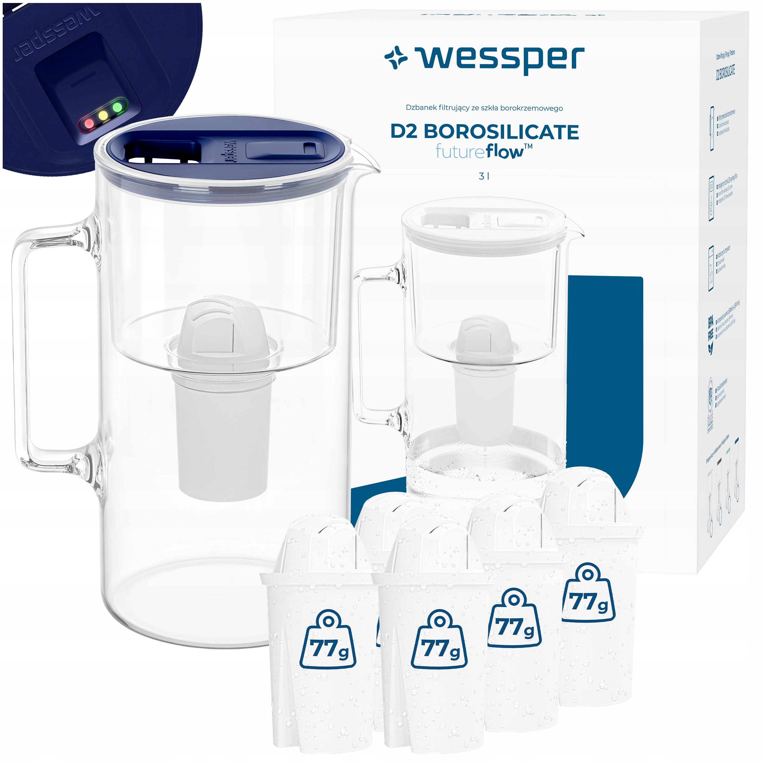 Skleněná filtrační konvice Wessper D2 Borosilicate futureflow 3 l 6x filtr