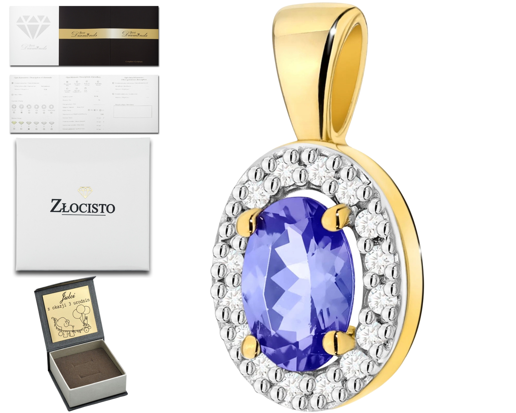 Zlatý Elegantní Přívěsek S Tanzanitem A Diamanty 585