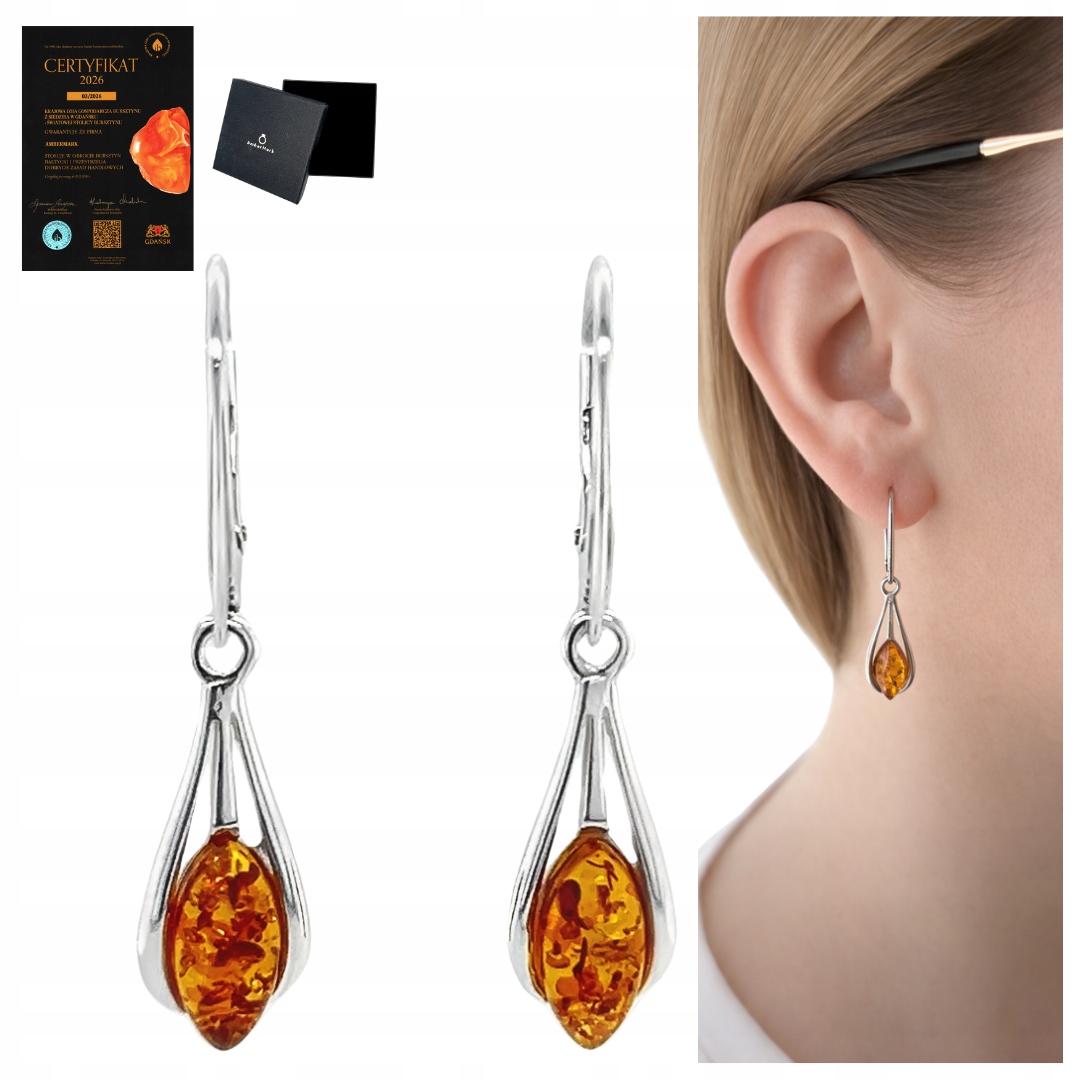 Stříbrné náušnice závěsná tyčinka jantar koňaková jemné dlouhé 925