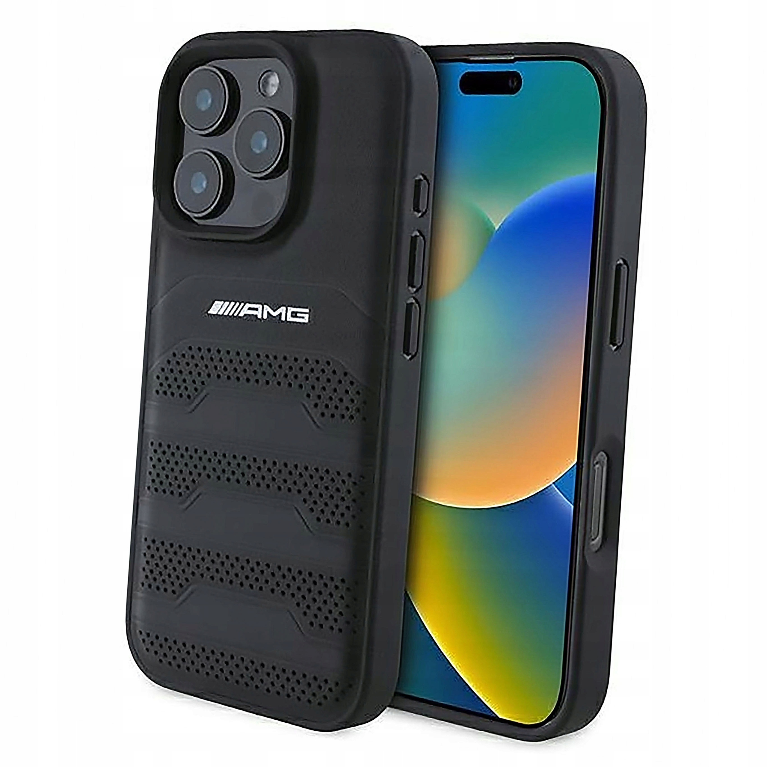 Etui Amg Leather Debossed Lines Black Logo do iPhone 16 Pro Max czarne