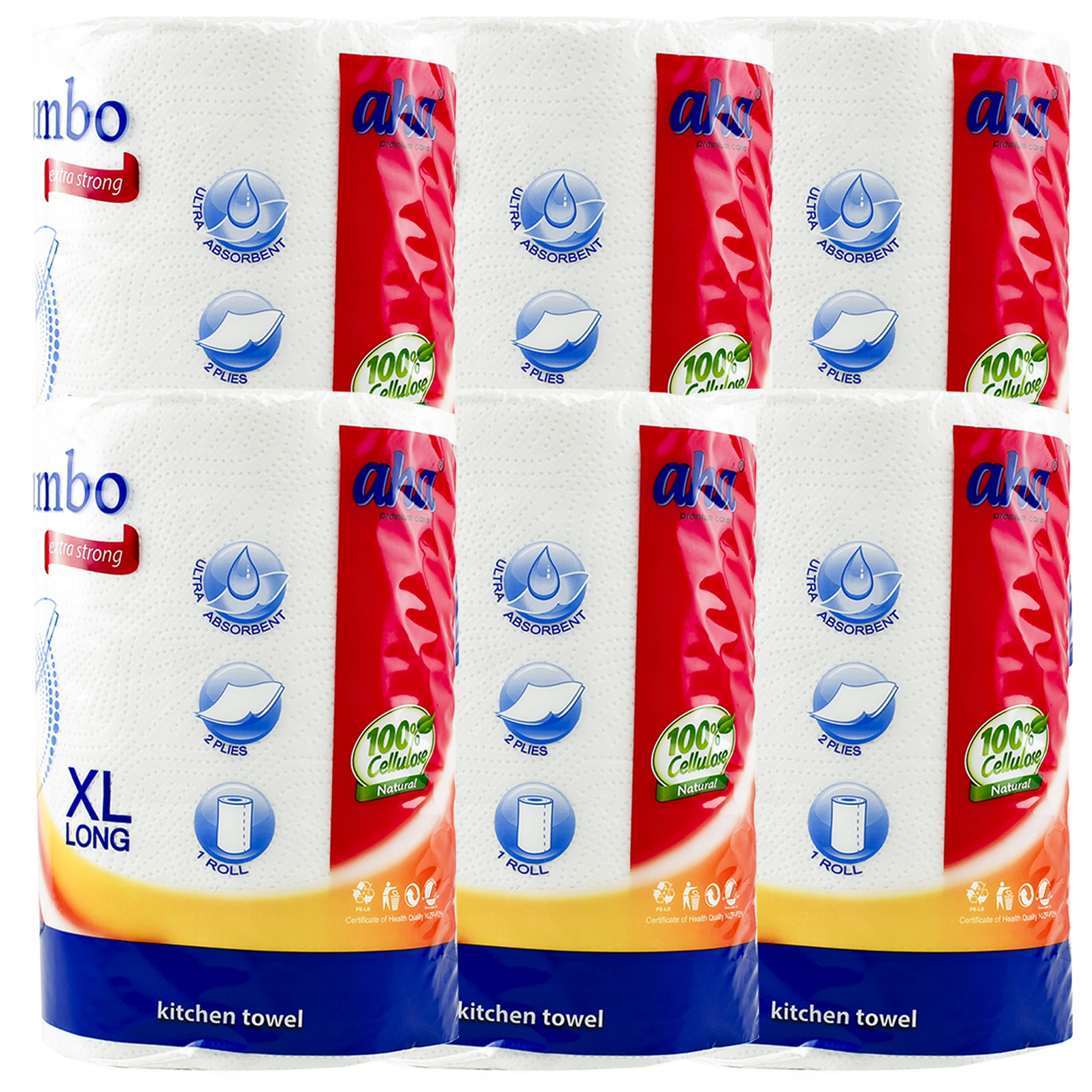 Levně Sada 6x papírová utěrka Aha Jumbo 2W bílá univerzální