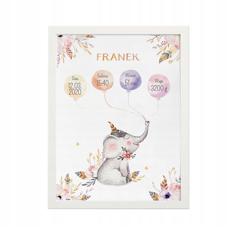 

Metryczka W Ramie A4 Z Imieniem Uroczy Słonik