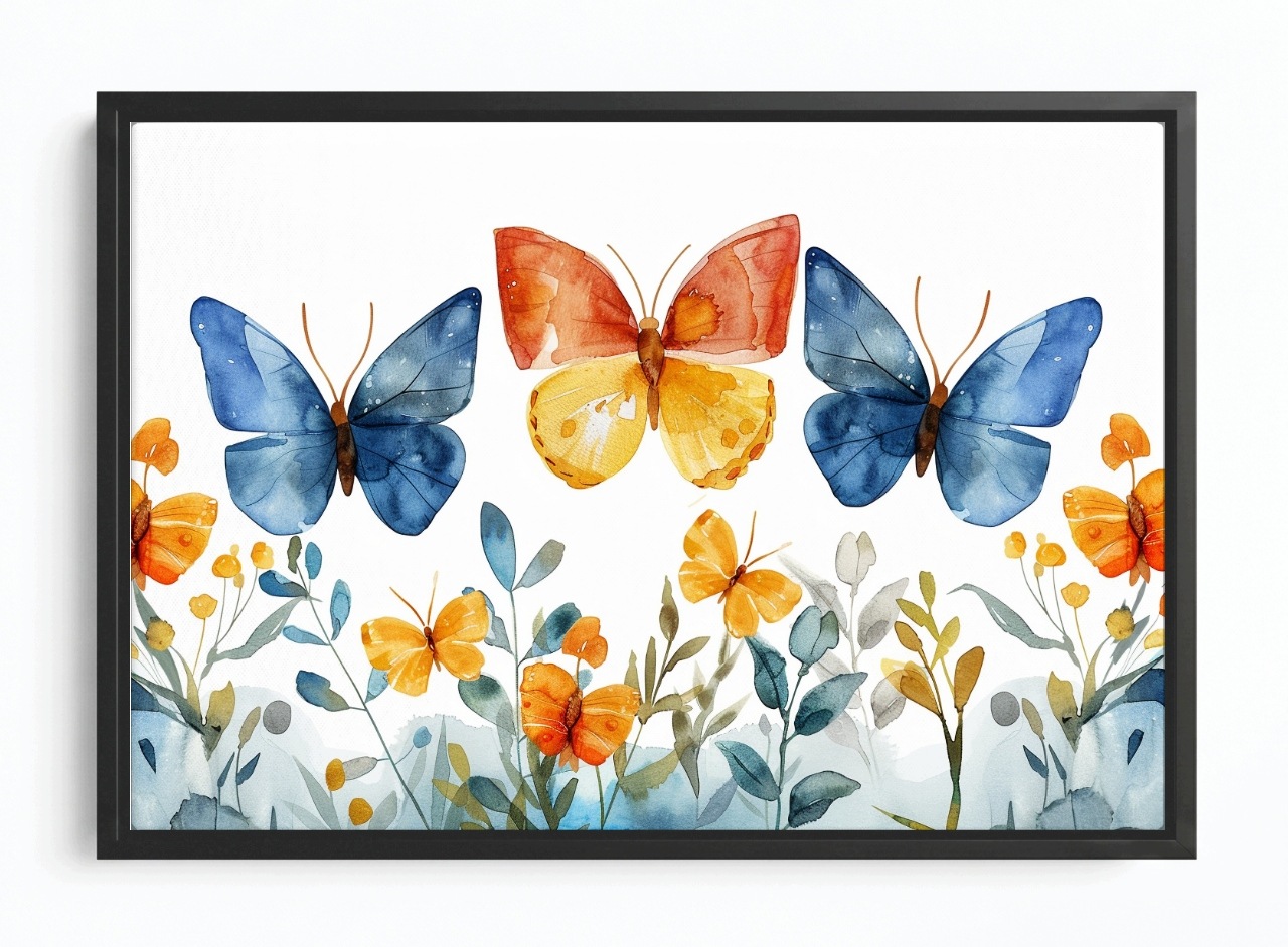 Obraz Rám Americký Box Akvarel Barevné Motýly Květiny 60x40
