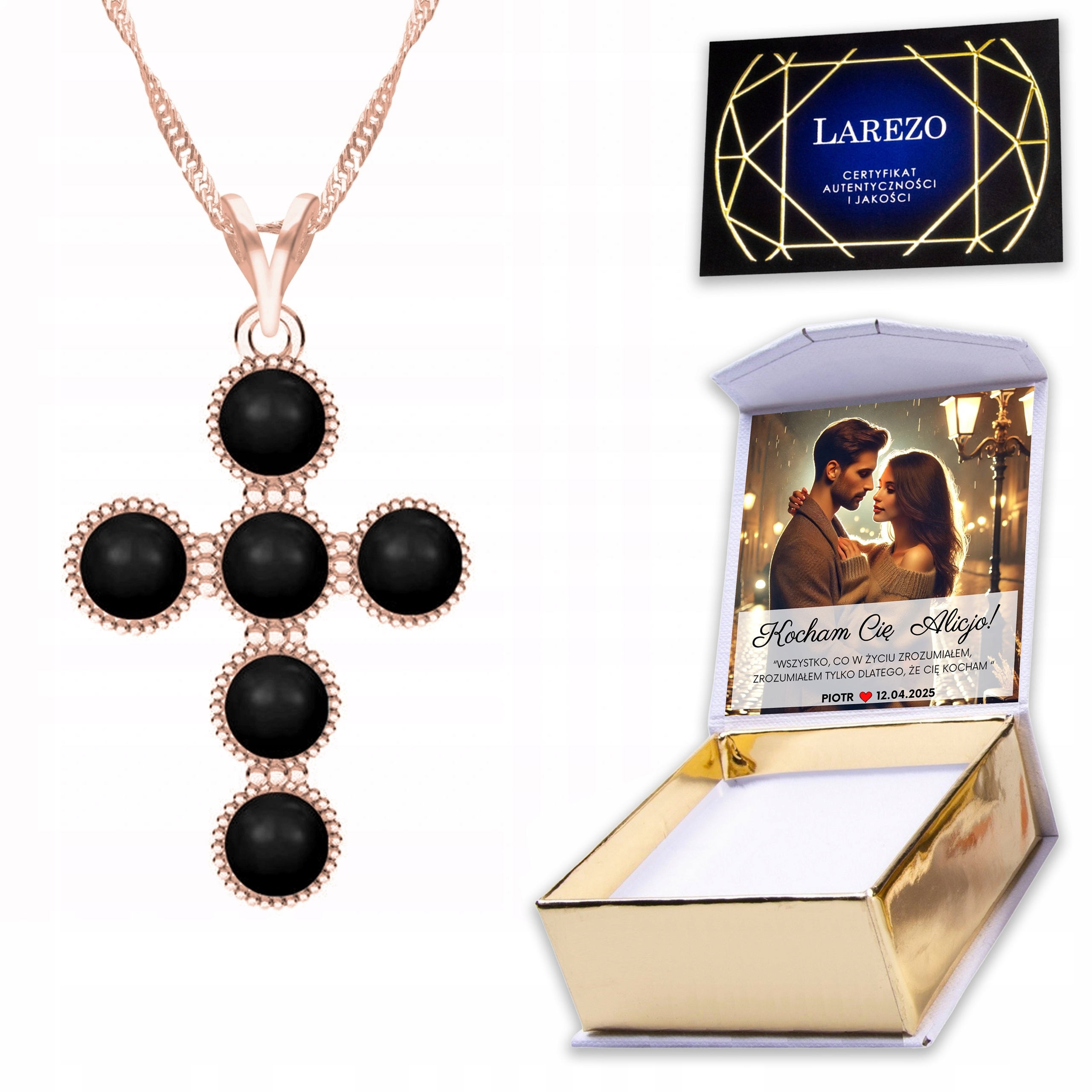 Náhrdelník Pozlacený 925 Kříž Černá Perla s Perlovým Křížem Potisk