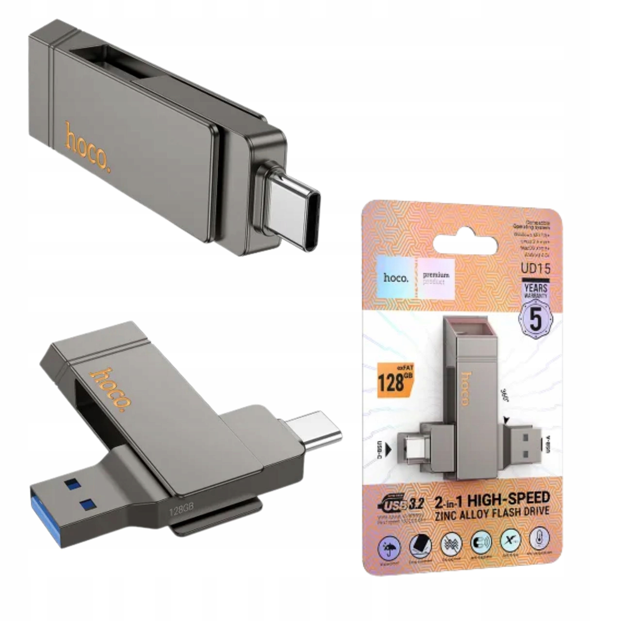 Pendrive 128GB Usb 3.2 (usb A Usb C) Hoco UD15 Szary Mały do Komputera