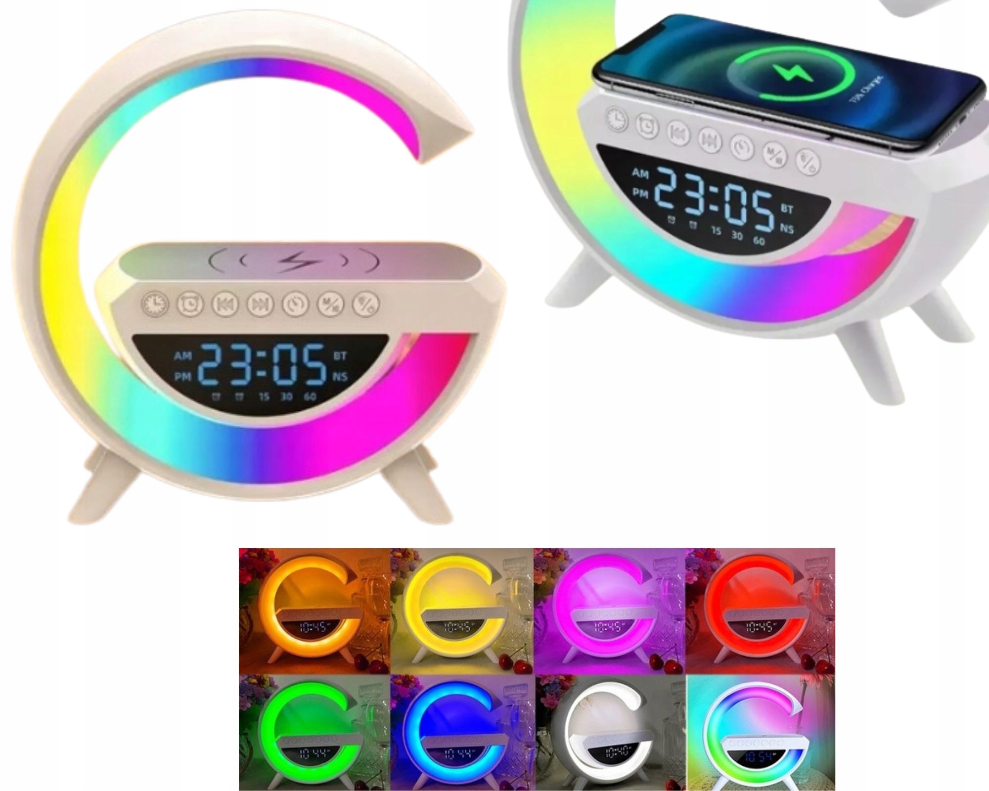 Lampka LED RGB Głośnik Ładowarka INDUKCYJNA QI Zegar Radio budzik Kolekcja Lampka LED RGB