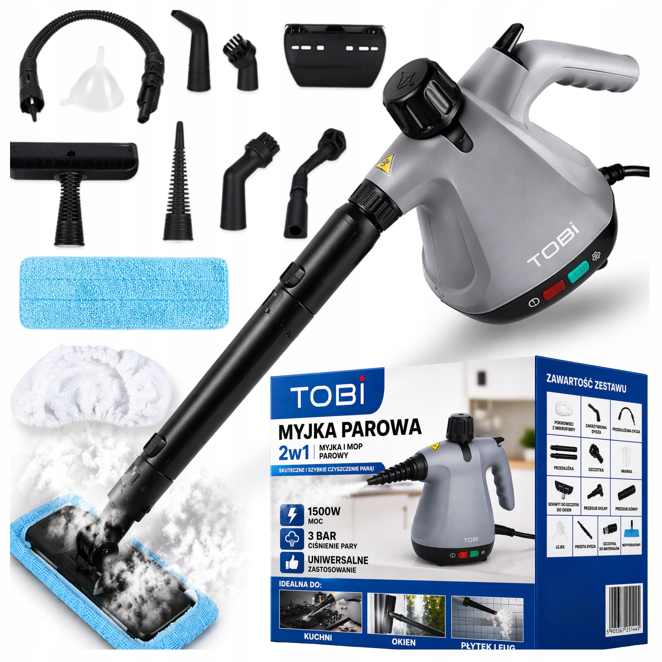 Myjka Parowa 2w1 Mop Parowy 1500W Parowinca Zestaw Do Czyszczenia Mocna