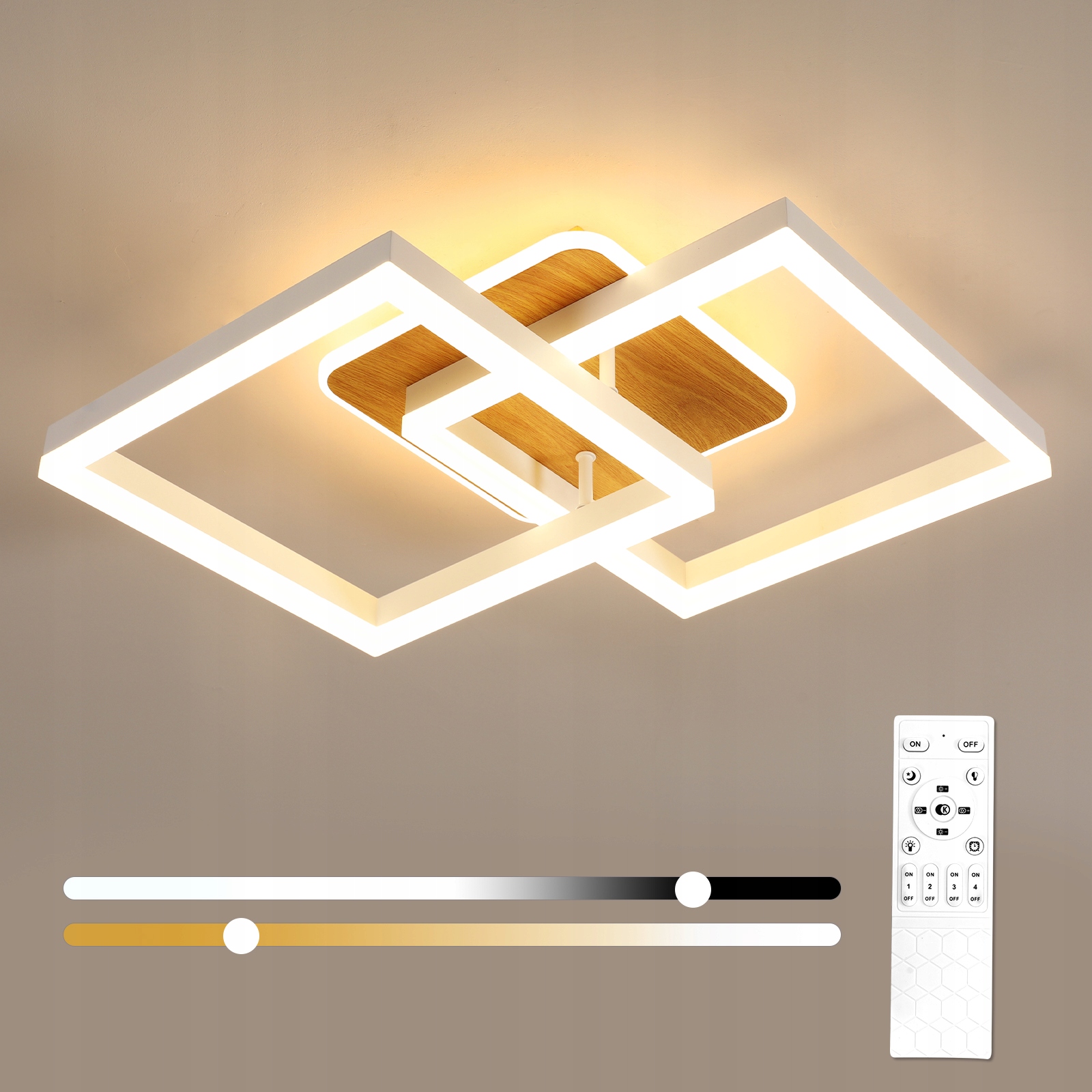 Lampa Sufitowa Led Plafon Biały+drewno Kwadrat Nowoczesna Z Pilotem 40W