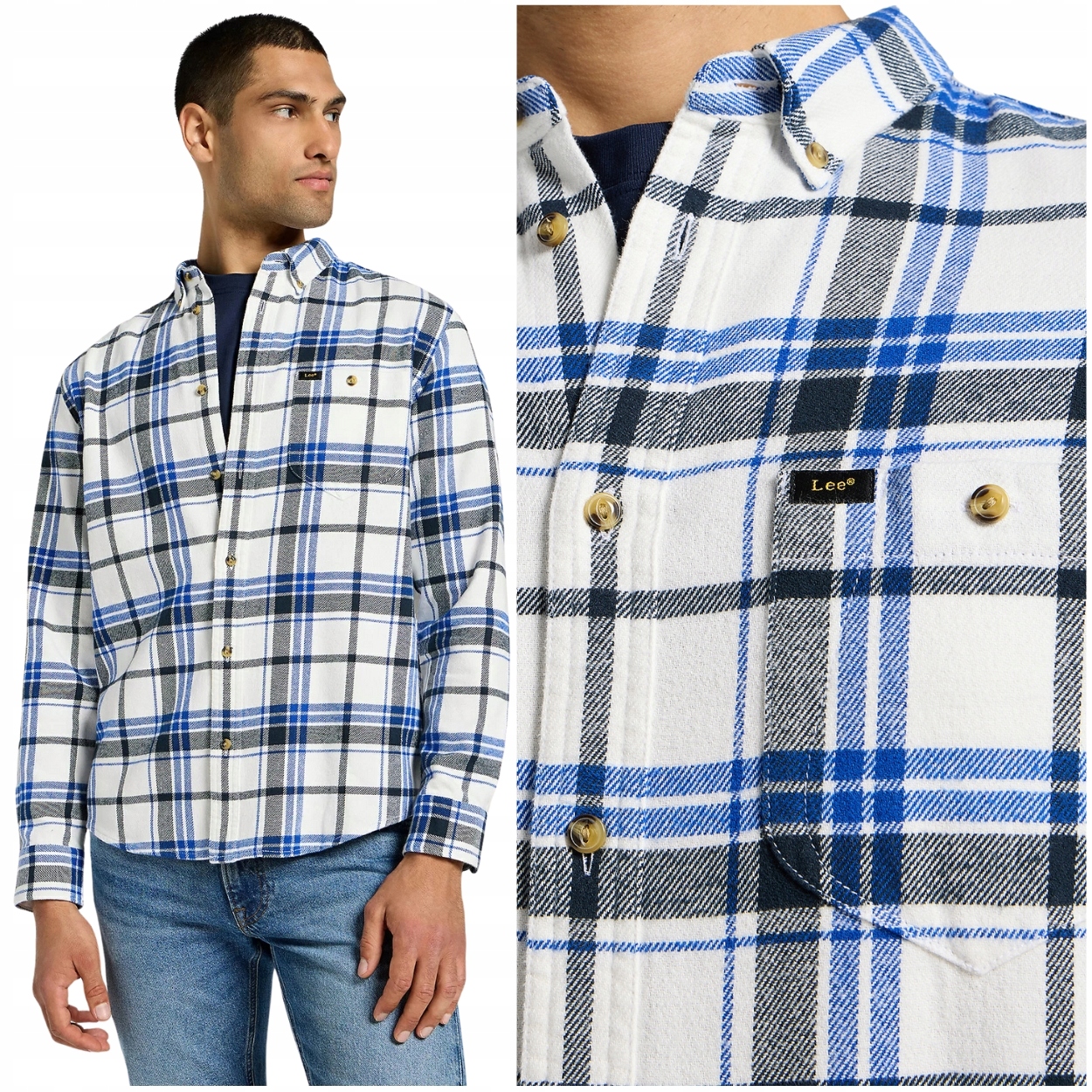 Lee Riveted Shirt White volná masitá bavlněná kostkovaná košile flanelová M