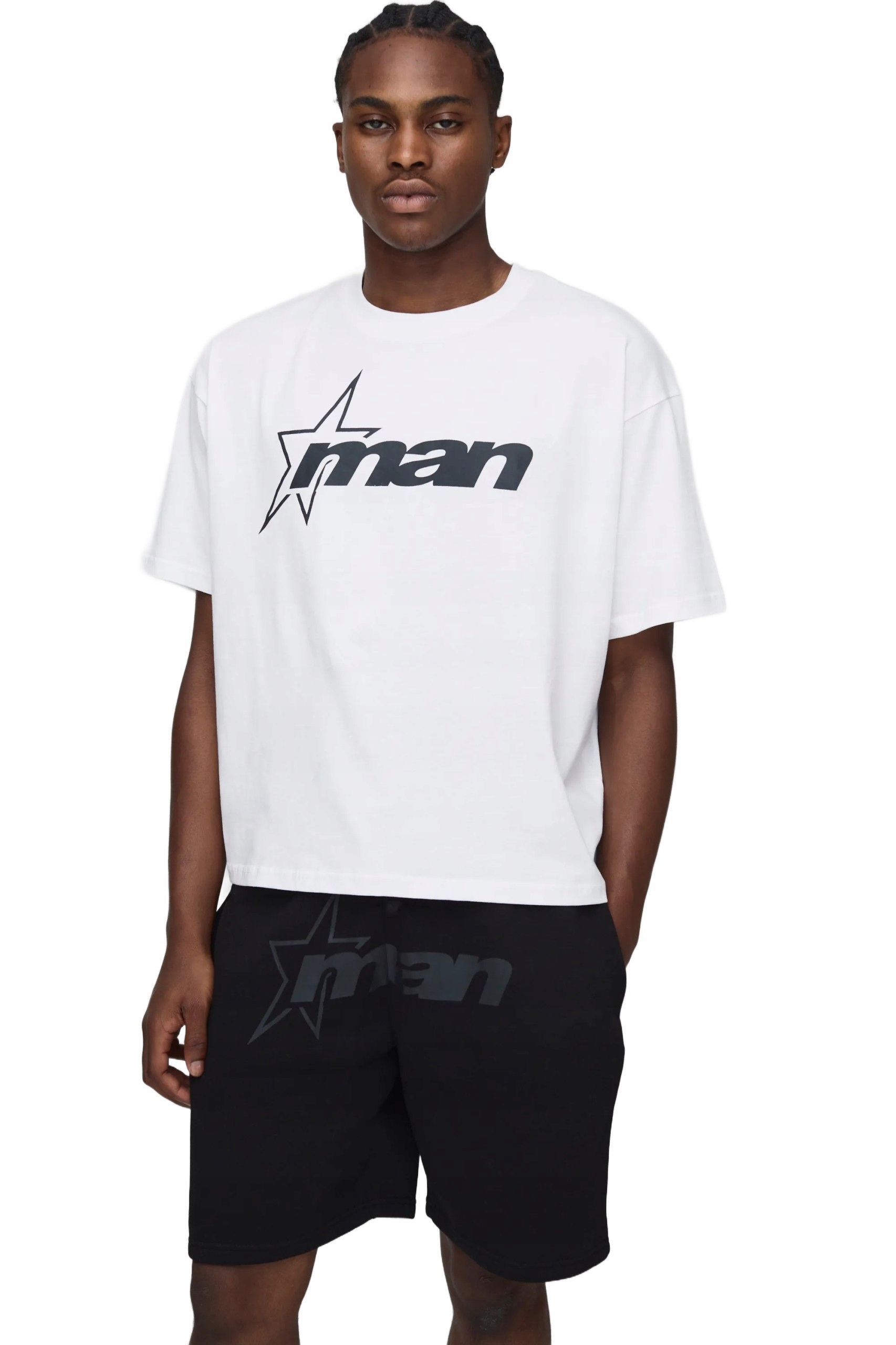 Boohooman Pánský Komplet Bílé Tričko Černé Kraťasy S Potiskem L Z3A