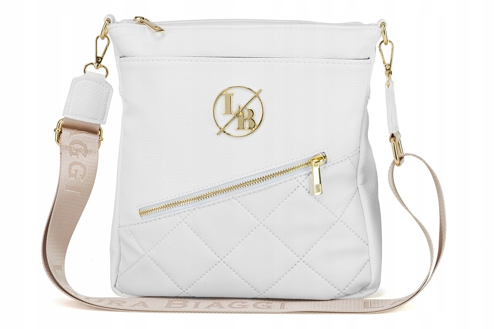 TOREBKA LISTONOSZKA WOREK LAURA BIAGGI NA RAMIĘ A5 BEŻOWA Z PASKIEM LOGO Model LB120 torebka listonoszka pikowana pojemna logo