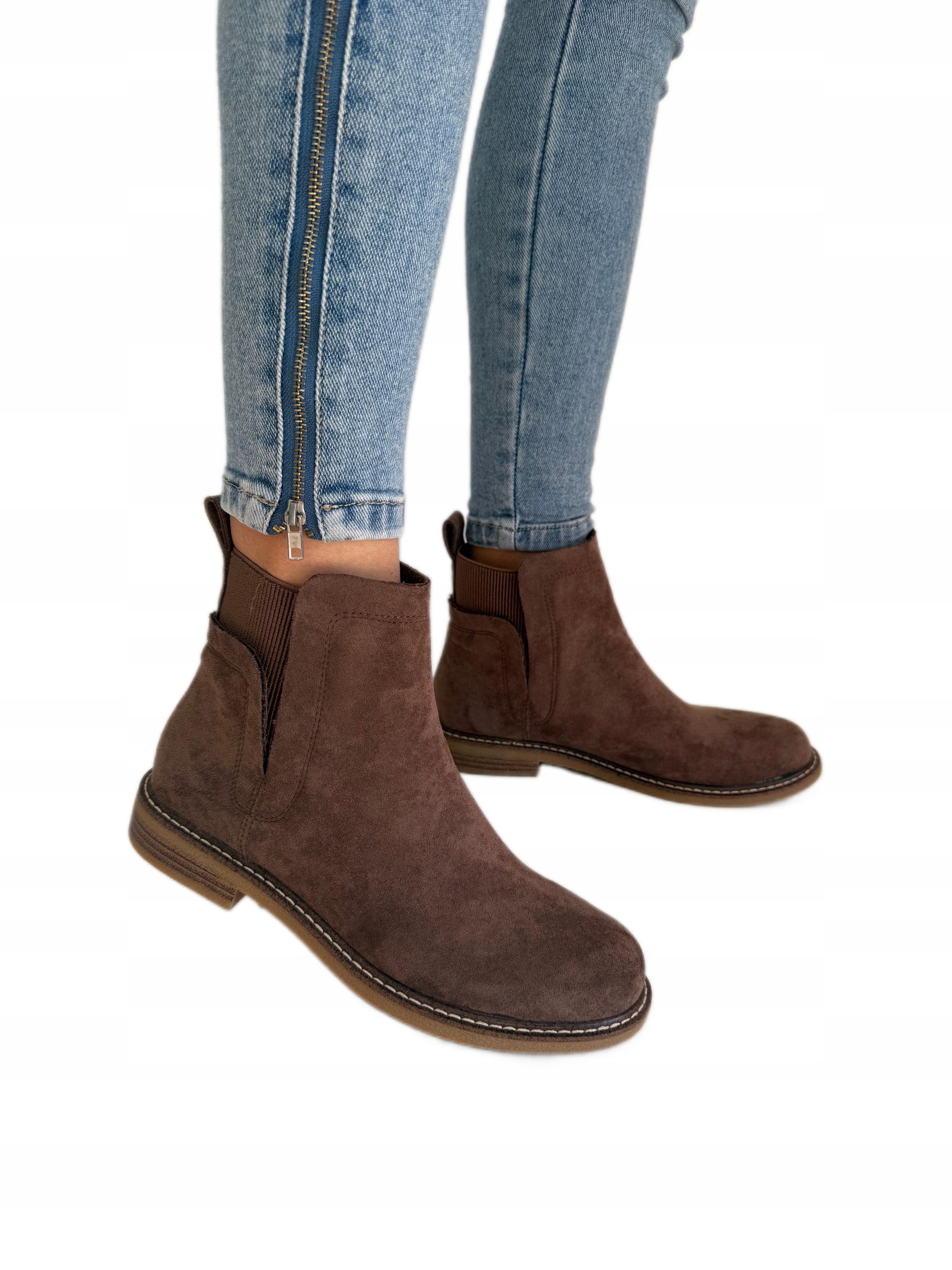 Kotníkové Boty hnědé, gumička eko semiš, kožená stélka, velikost 40