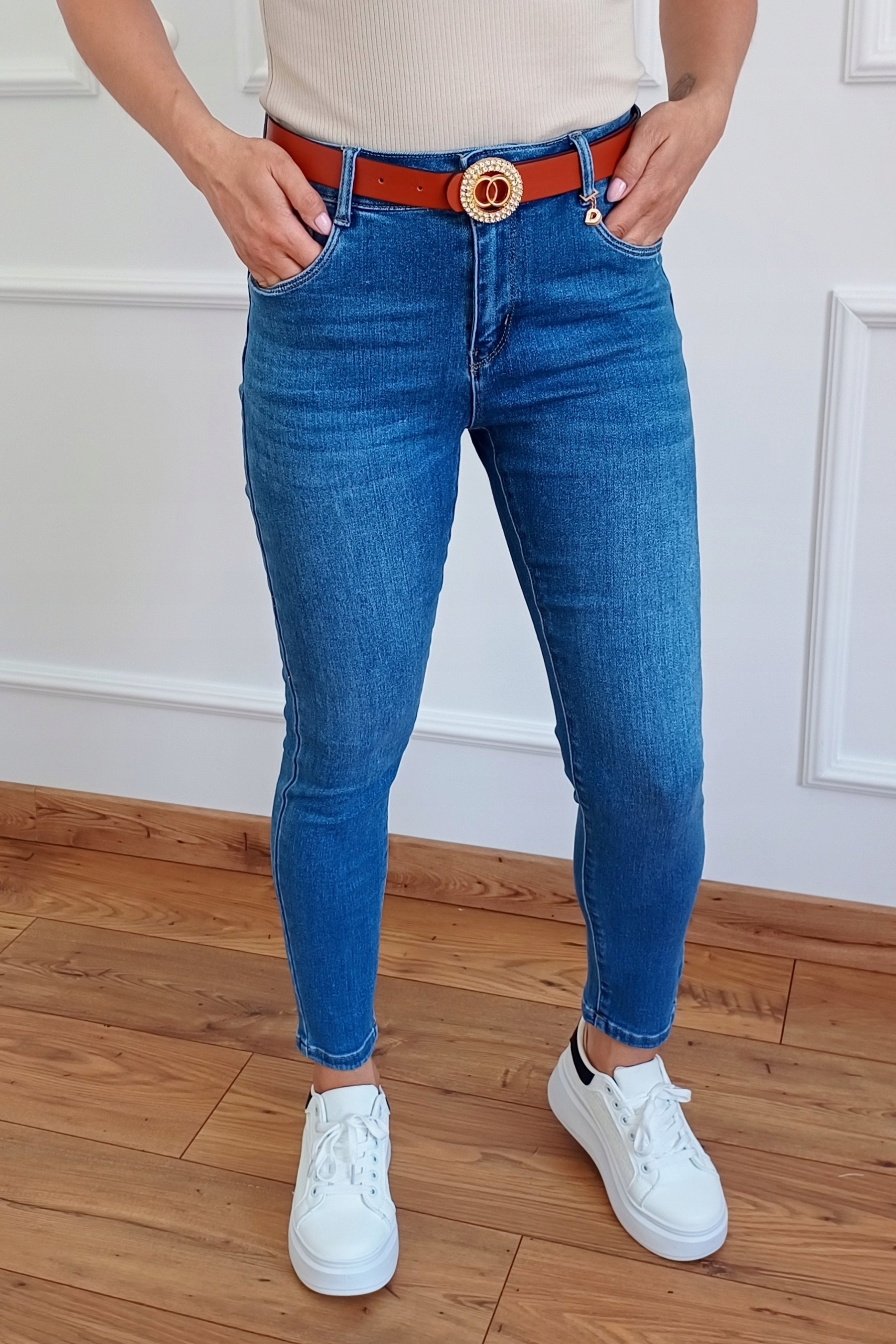 MS13 MODNE Jeansy M.SARA Push Up Z PASKIEM 38 M (30) 38-50 Kolor wielokolorowy