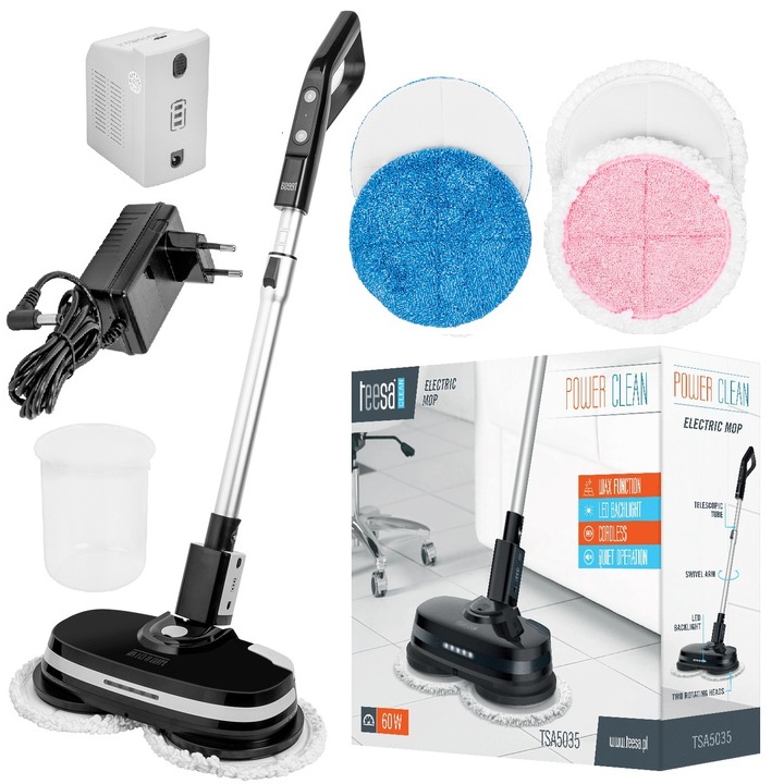 Mop Elektryczny Bezprzewodowy 2w1 Akumulatorowy Zbiornik Led