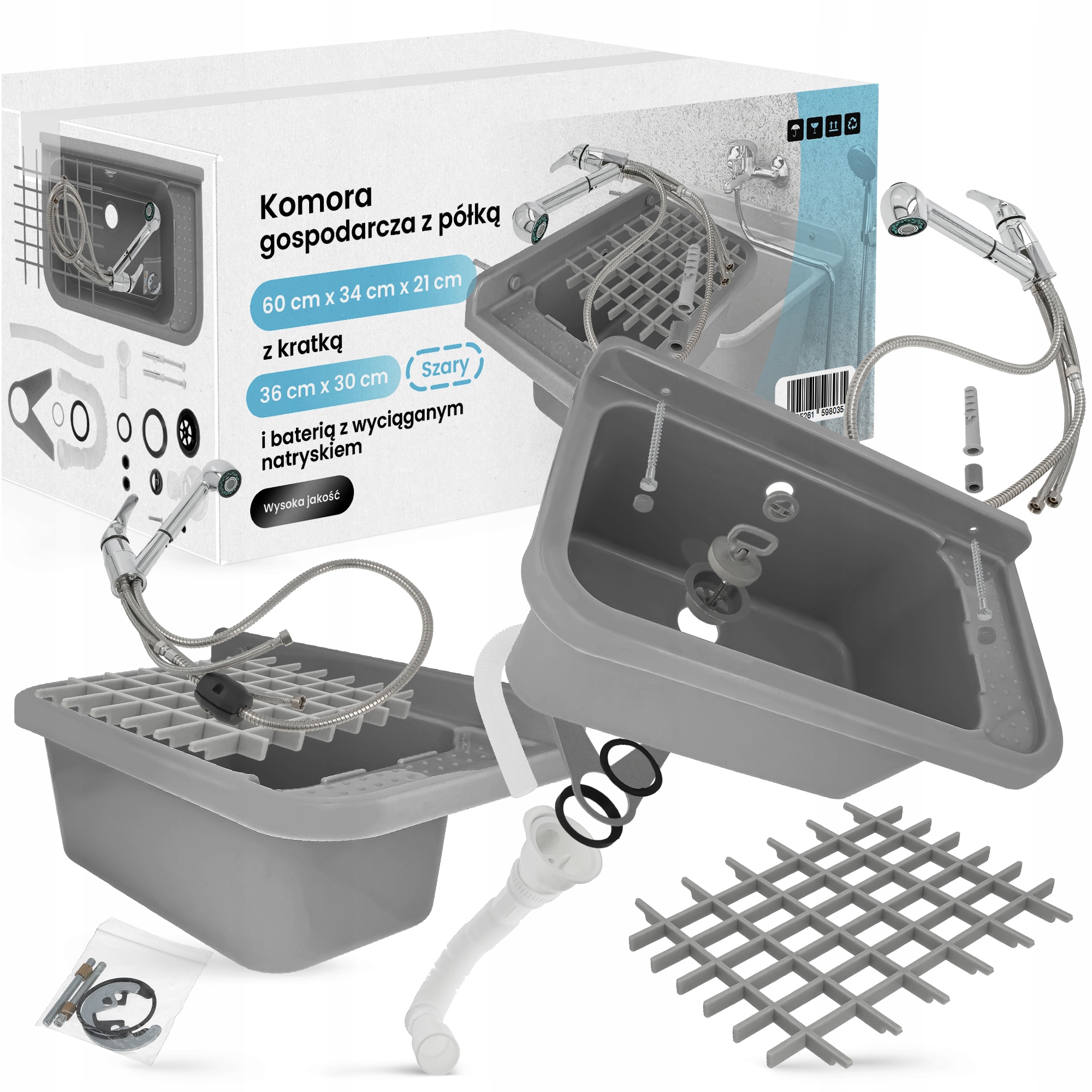 Priemyselný Drez Komora 60x34 Drez Práčovňa Šedá Polica Batéria Kra 6U