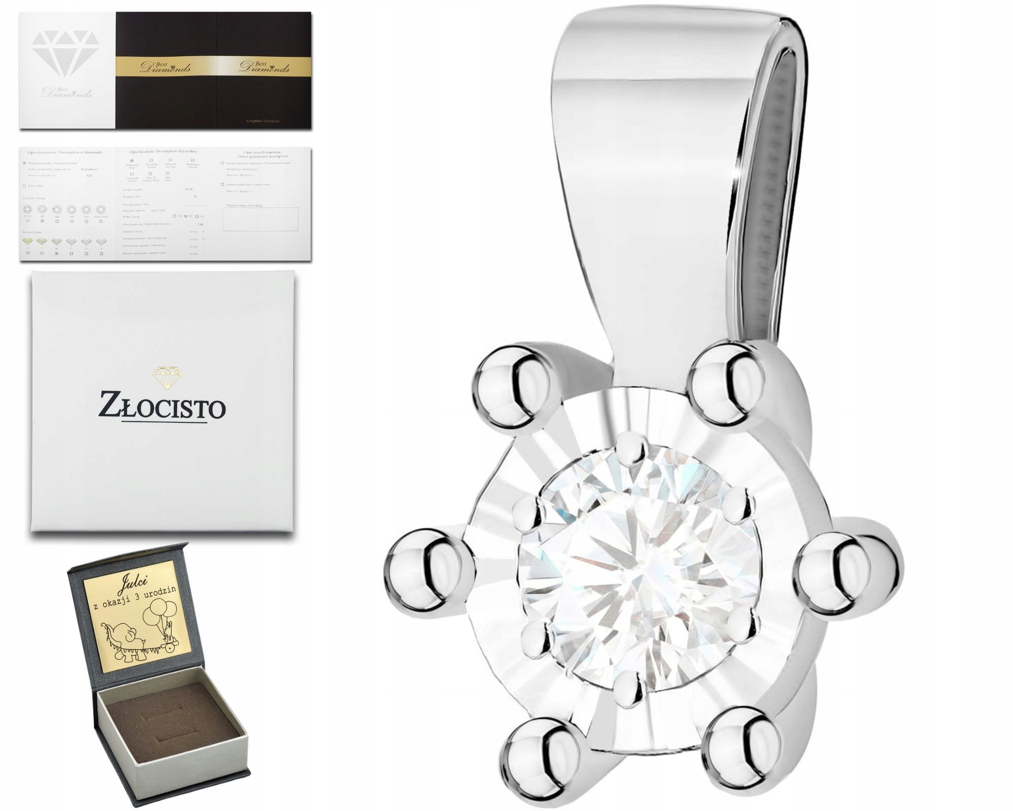 Přívěsek Z Bílého Zlata Stříbrná Barva Zlato 585 14K Diamanty Brilianty