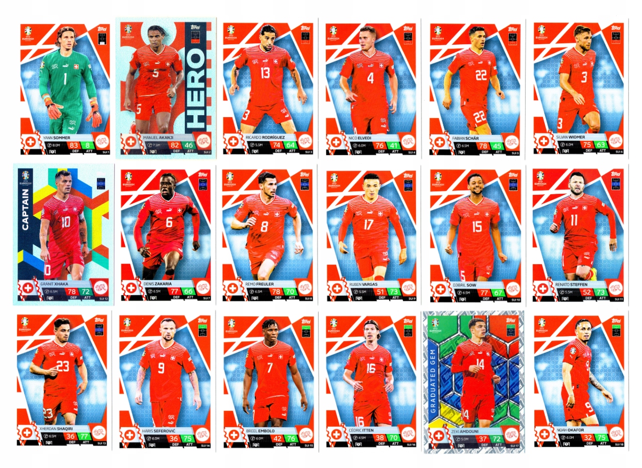 Topps Match Attax Euro 2024 Komplet 18 Kart Sui Szwajcaria