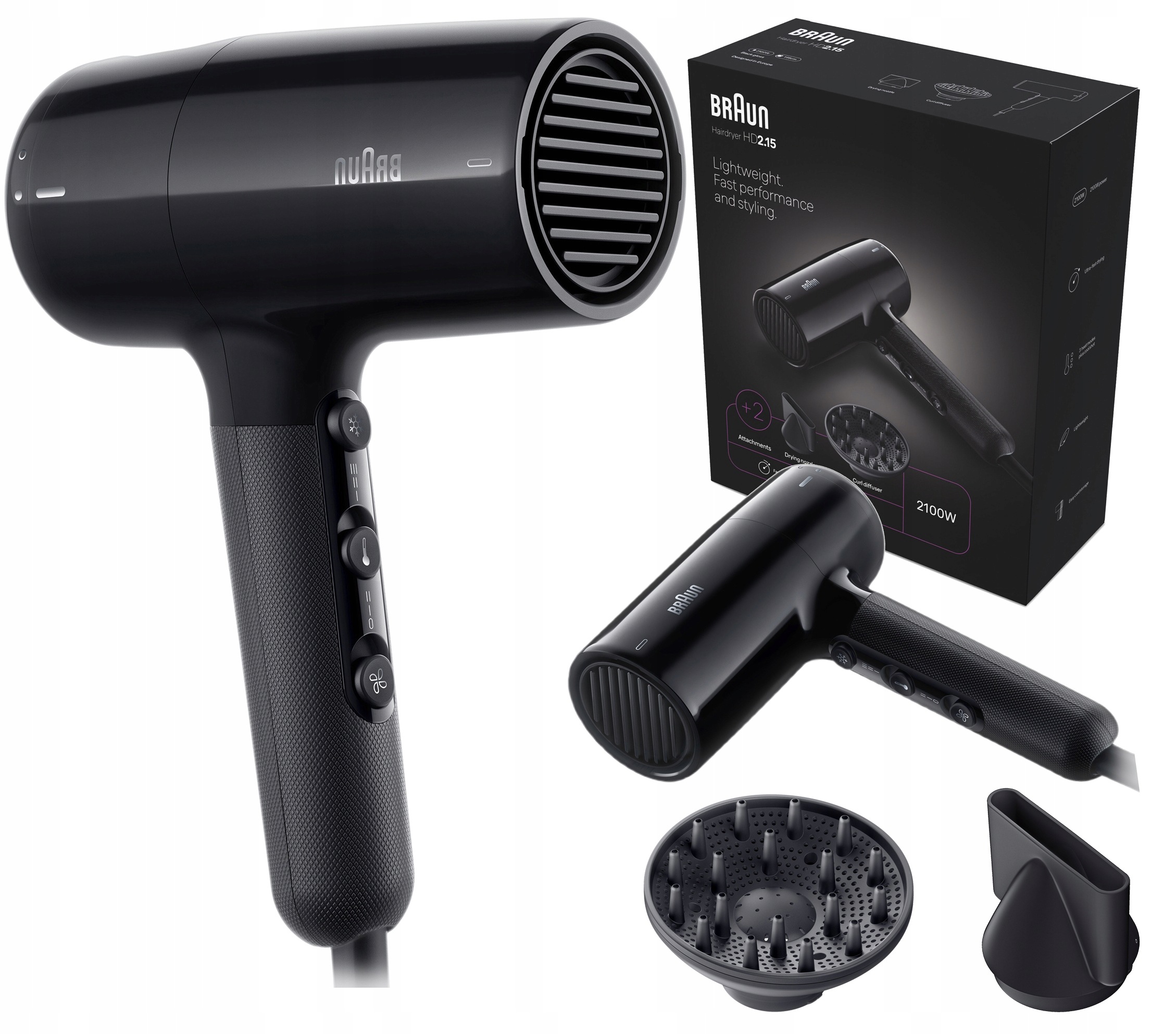 Vysoušeč Vlasů Braun HD215 2100W Rychlé Sušení Difuzér Koncentrátor
