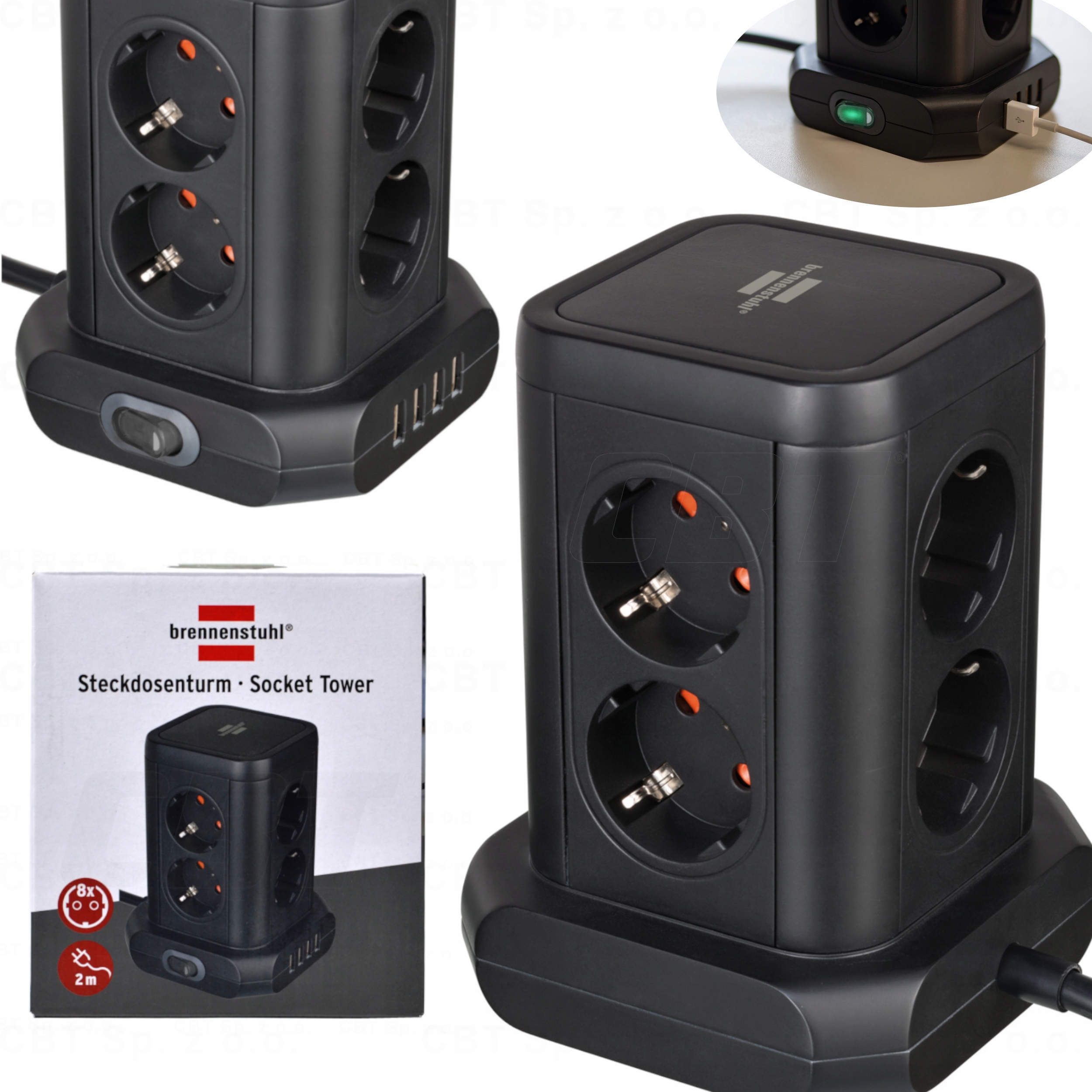 PRZEDŁUŻACZ 8 GNIAZD PRZEWÓD 2M CUBE KOSTKA 4xUSB LISTWA ZASILAJĄCA 230V
