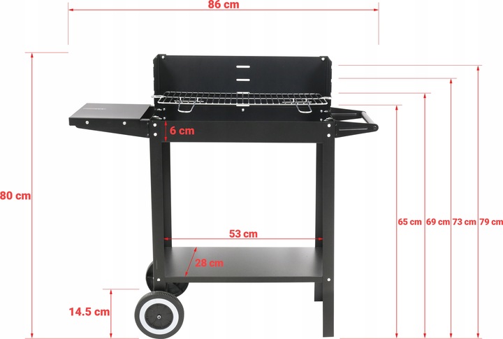 GRILL WĘGLOWY OGRODOWY 48x26 PÓŁKA RUSZT Z KÓŁKAMI DO PRZENOSZENIA Waga 5.2 kg
