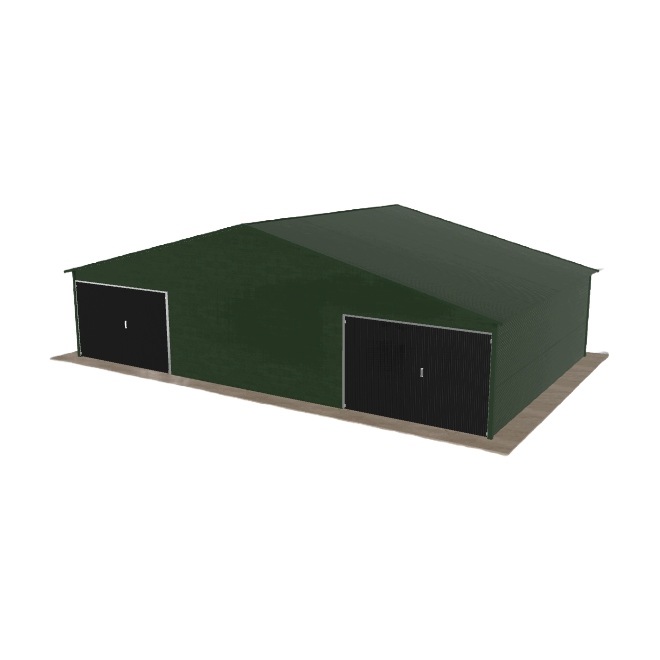Plechová garáž 10.5x6.5 m dvoupolohová, dvouspádová, zelená