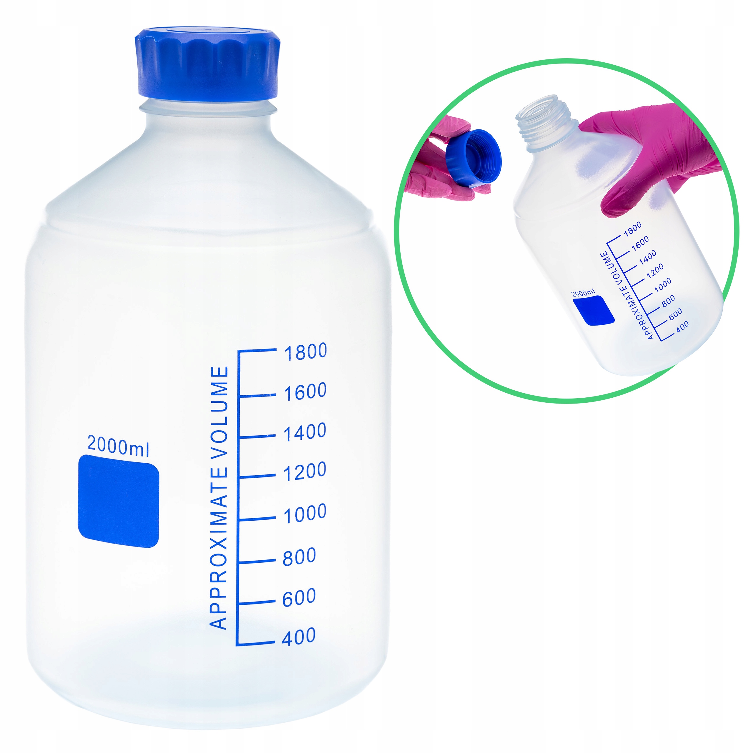Butelka laboratoryjna plastikowa Pp z nakrętką GL45 poj. 2000 ml skalowana
