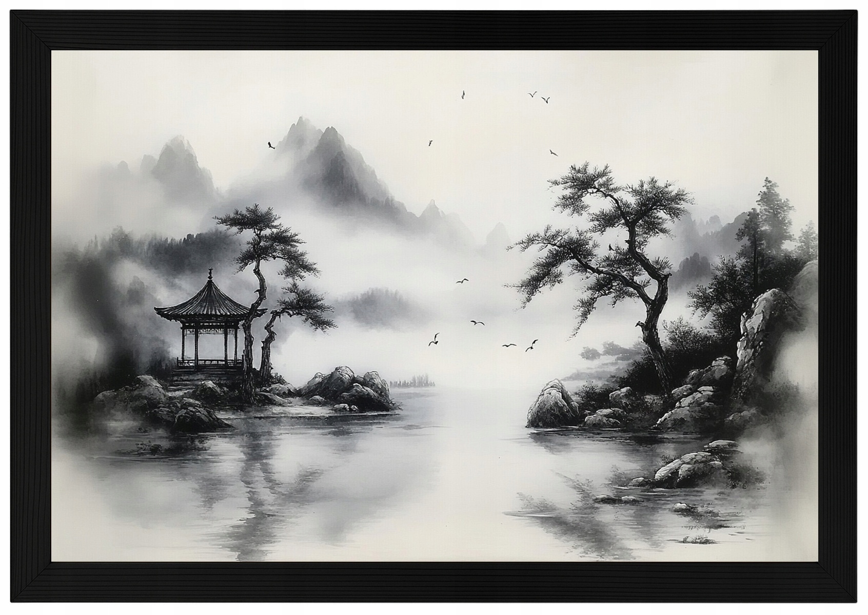 Rám Rámeček Plakát , Dřevo, Grafika, Inkoust, Asie, Čína, Krajina, Pagoda, 60x40