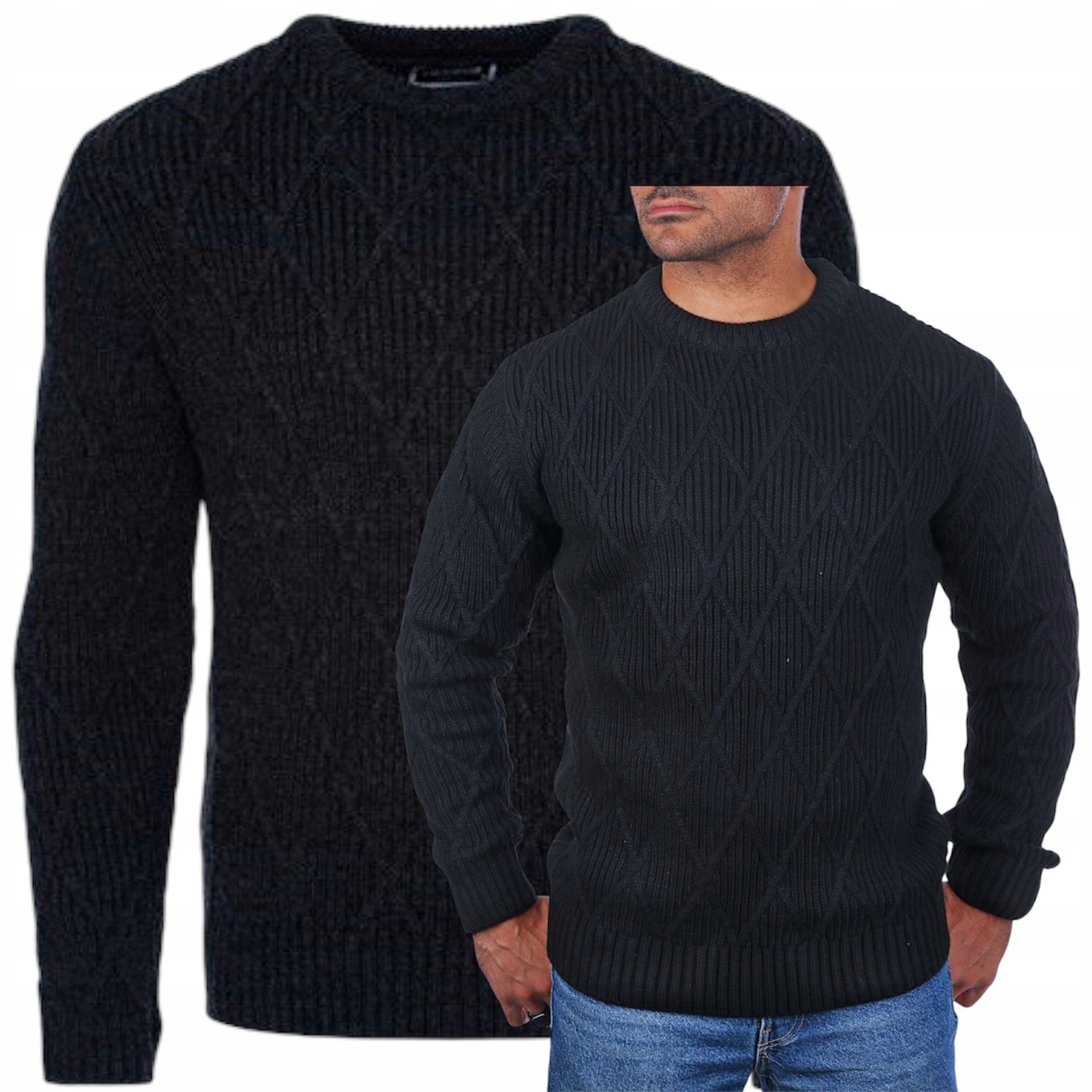 Pánský svetr Elegantní Tlustý Teplý Romby s kulatým výstřihem Černý XXL