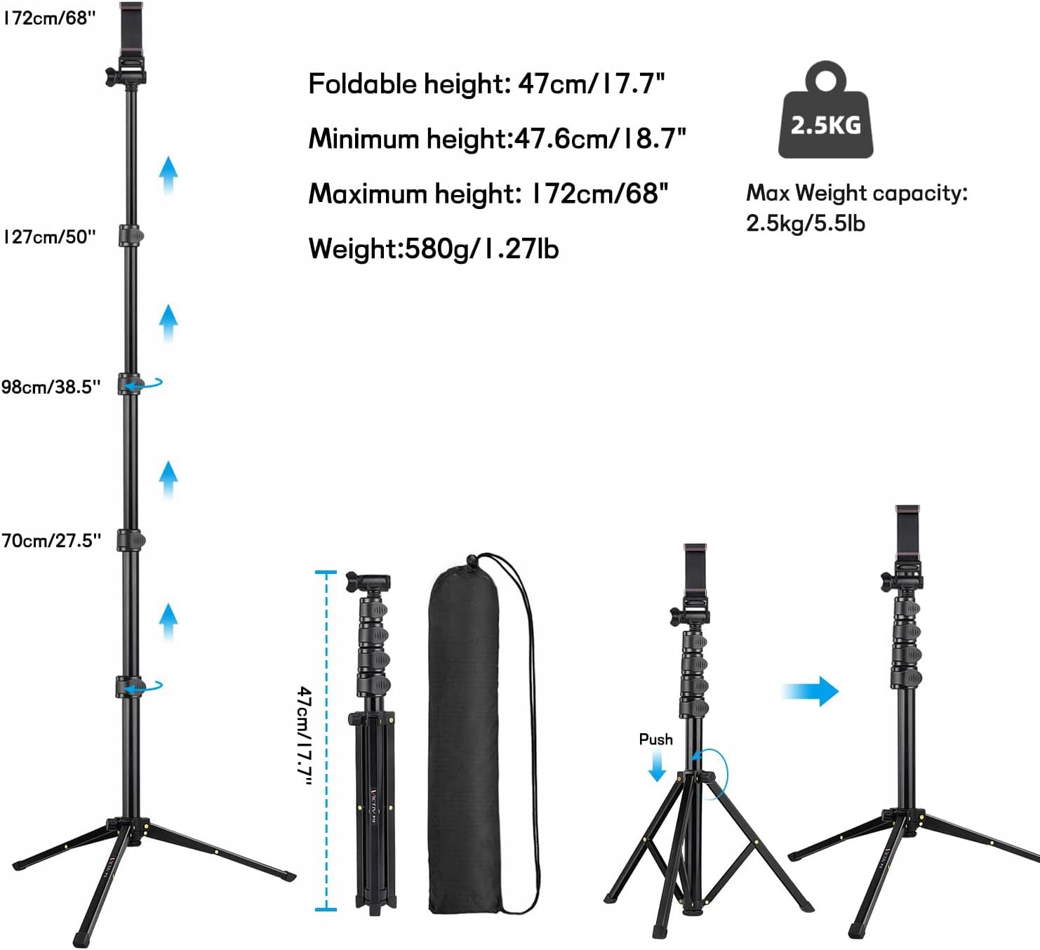 Stativ 172 cm pro chytré telefony Samsung Huawei Xiaomi Canon