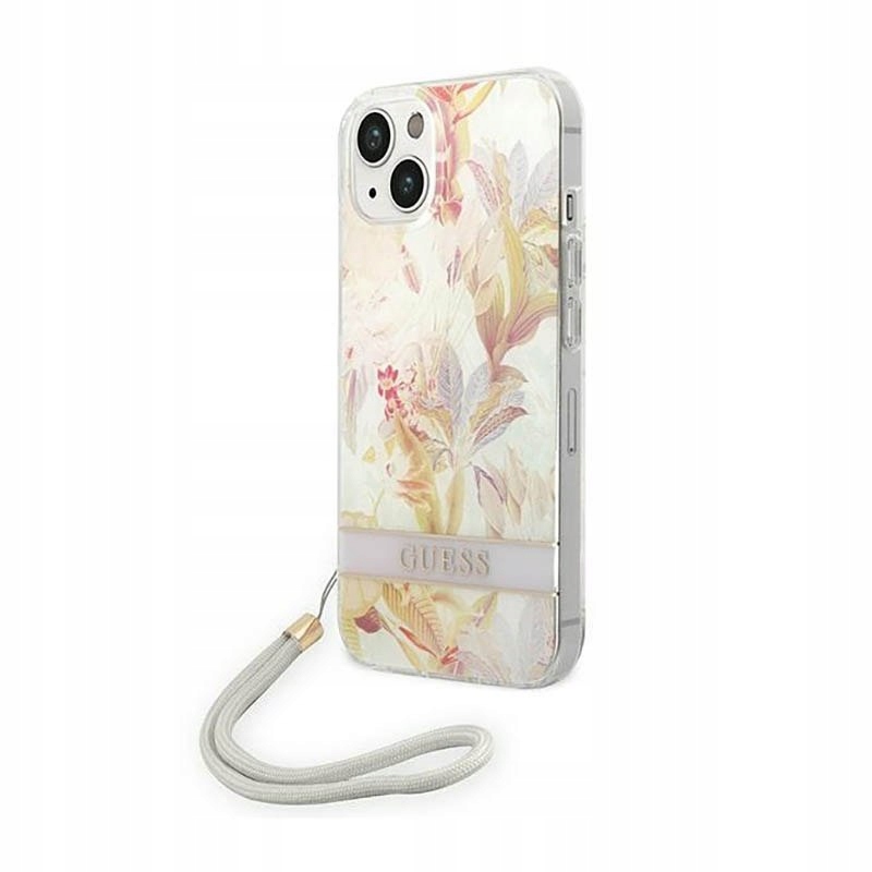 Guess Flower Cord – Pouzdro s poutkem pro iPhone 14 Plus (fialové)