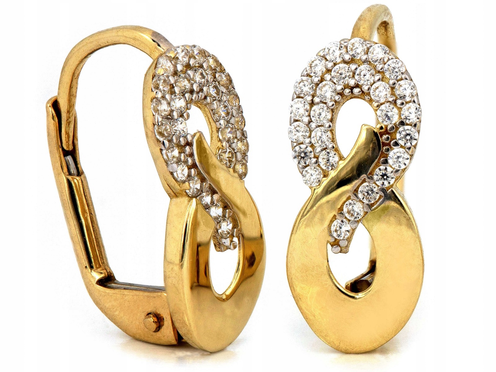 Zlaté náušnice 585 14 kt nekonečna s zirkony, anglické zapínání