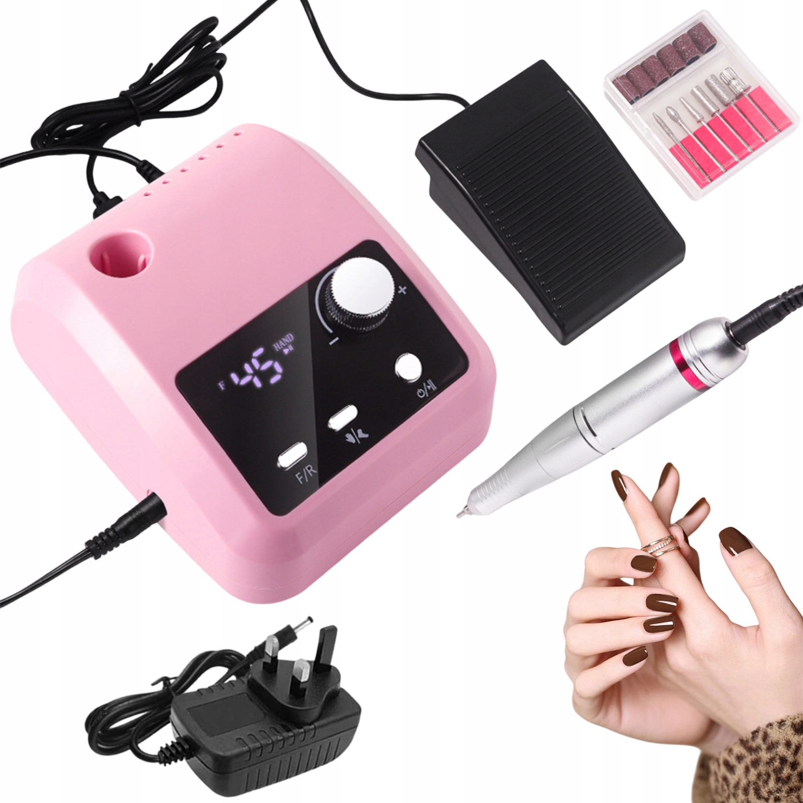 Bruska Na Nehty S Nožním Pedálem Set Manikúra Pedikúra 5V1 Růžová