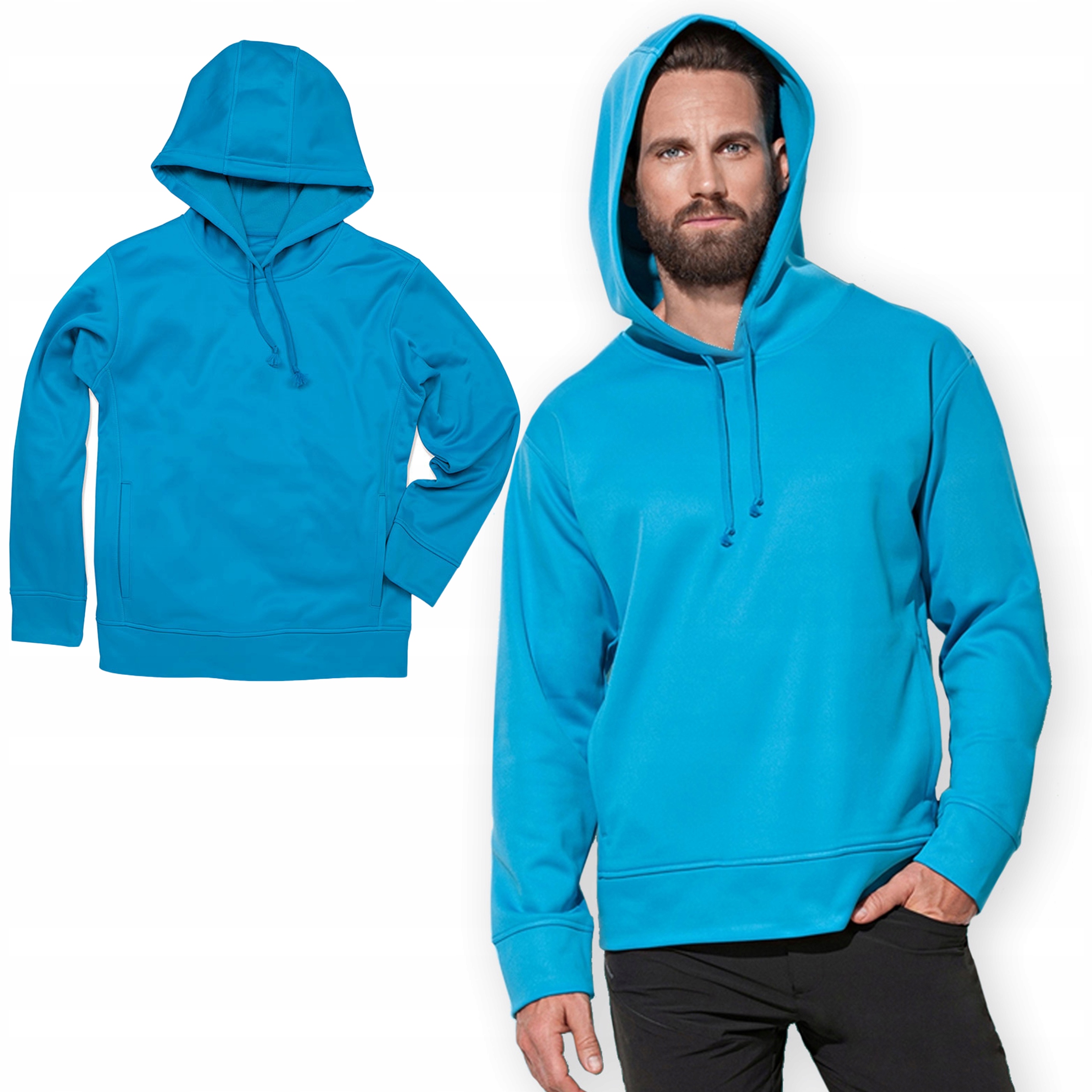 Bluza Męska ciepła z kapturem Hoodie Sportowa z polarem Niebieska L