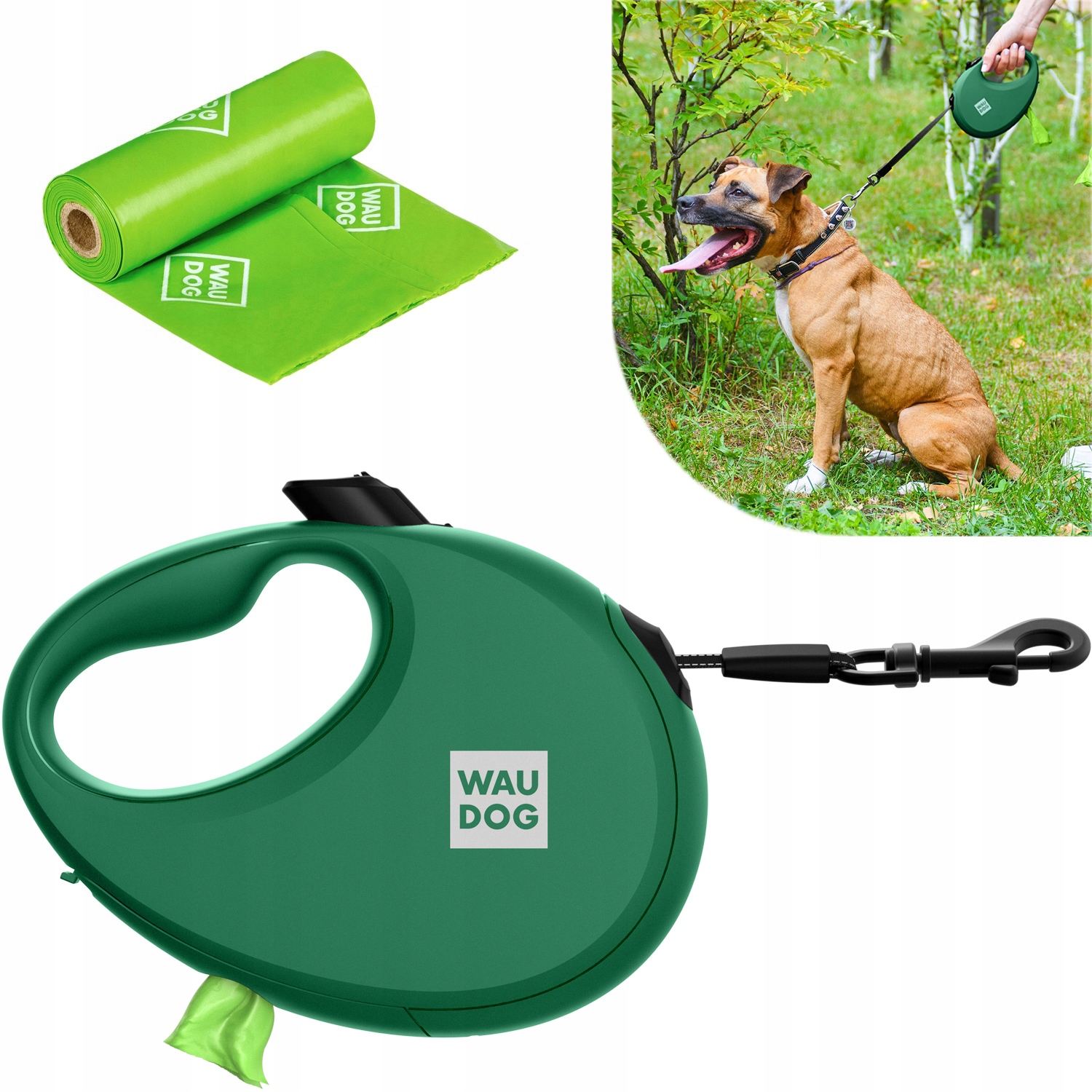 Levně Vodítko pro psa s nádobou na sáček, zelená, velikost L, do 40 kg