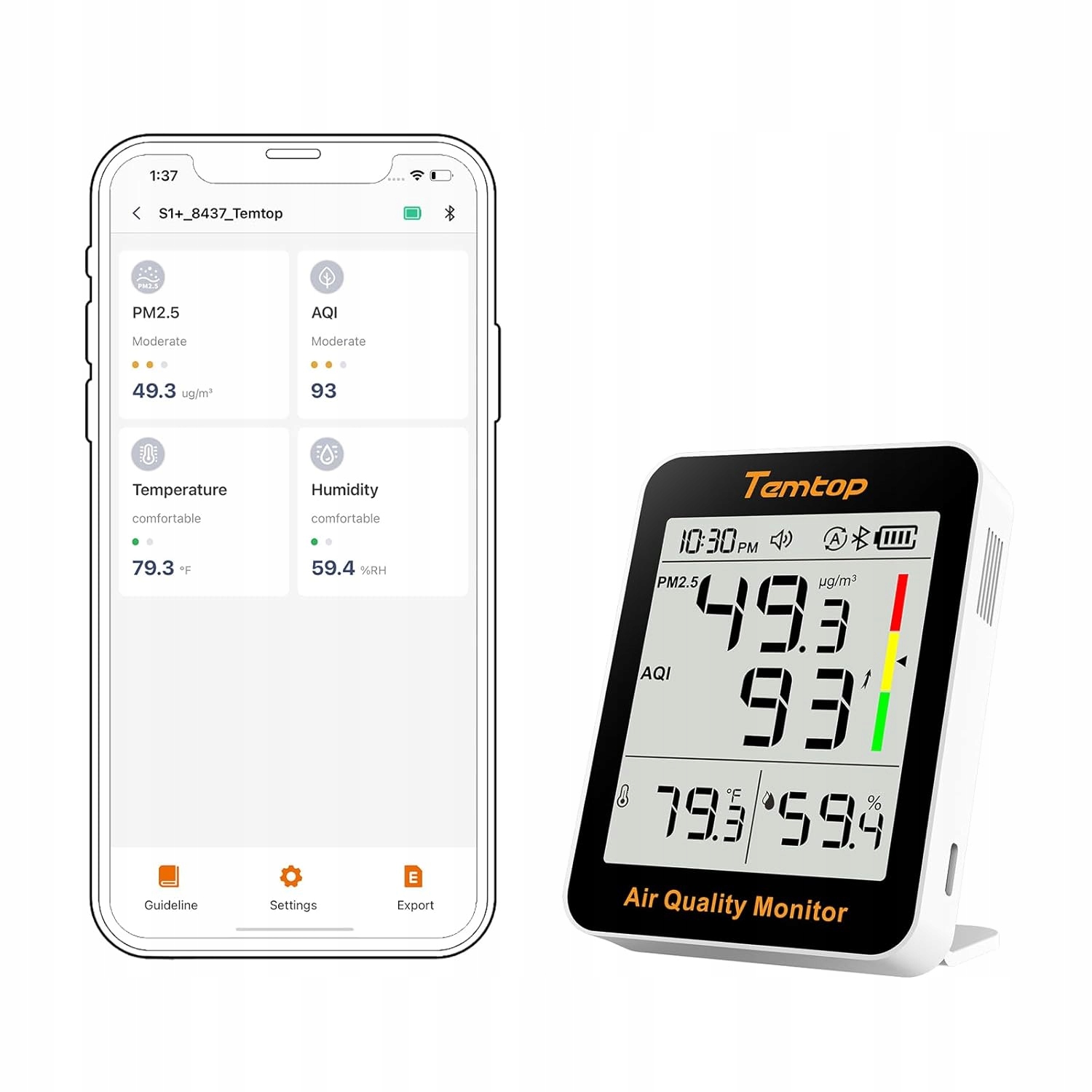 Temtop S1+ Měřič kvality vzduchu PM2,5, Aqi, teploty a vlhkosti