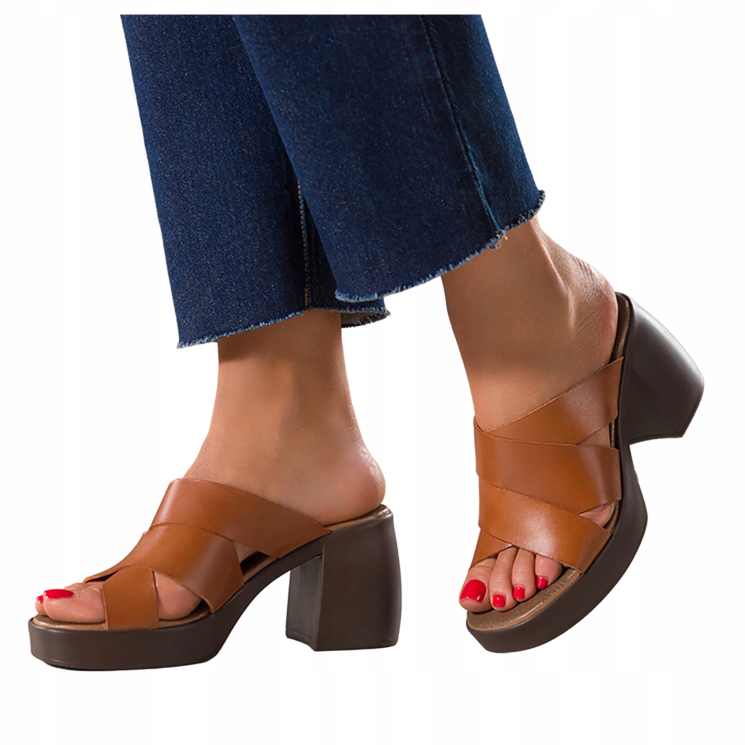 Nazouváky Hnědé Dámské Kožené Široké Klocek Pásky Na Kříž Pohodlné vel 38