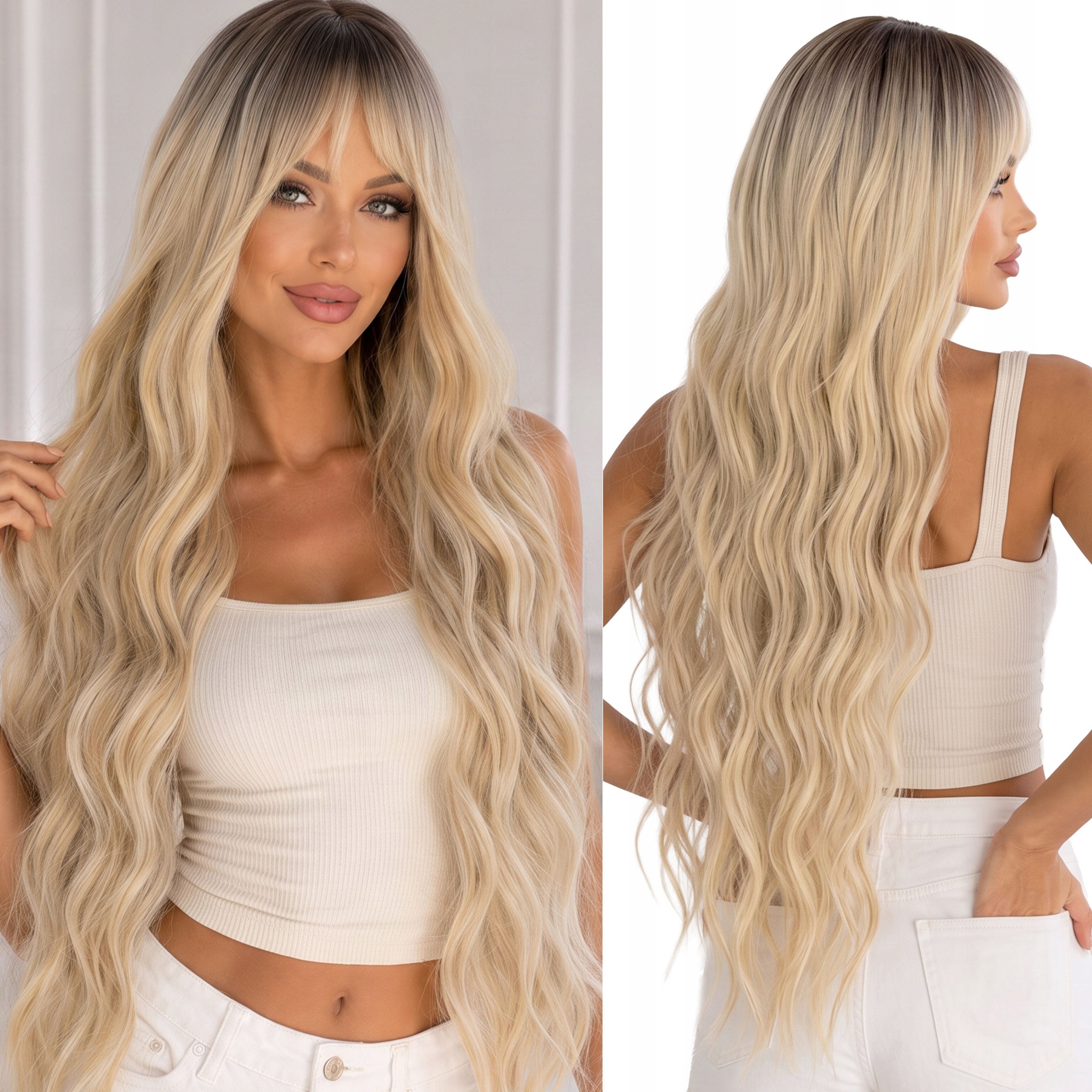 Peruka Syntetyczna Włosy Sztuczne blond z odrostem długa 75cm z grzywką