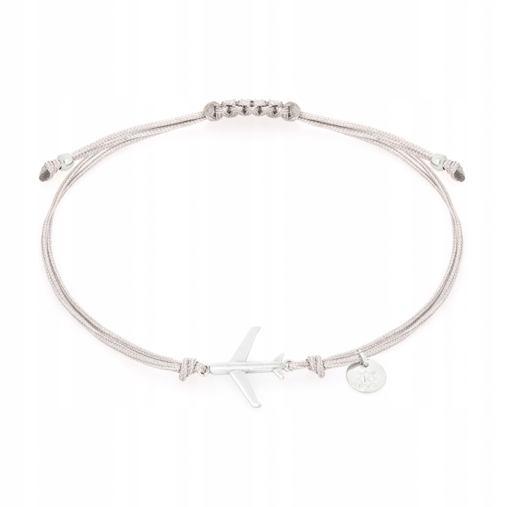Bransoletka sznurkowa szara Ania Kruk srebrny samolot srebro 925
