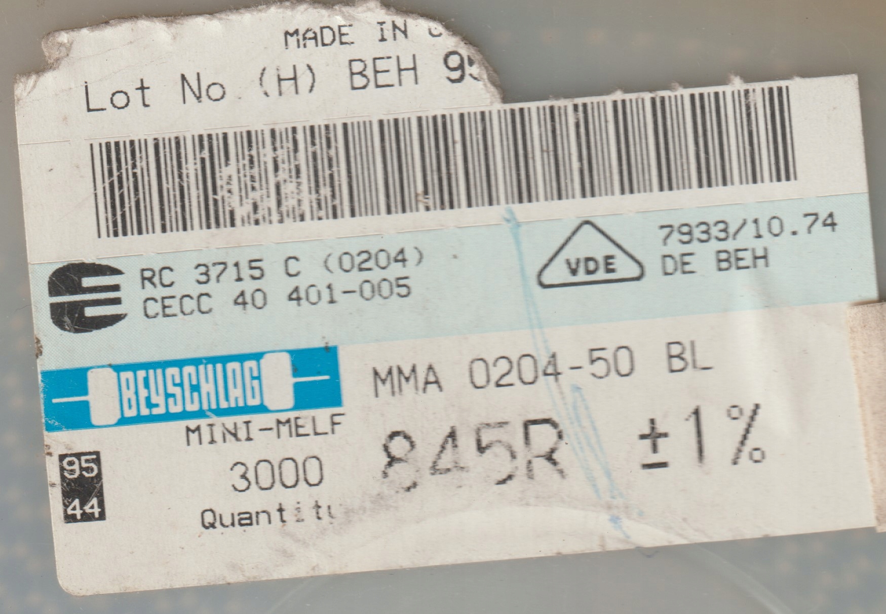 [100szt] 845R 1% 50ppm rezystor Smd minimelf MMA0204 Beyschlag low noise