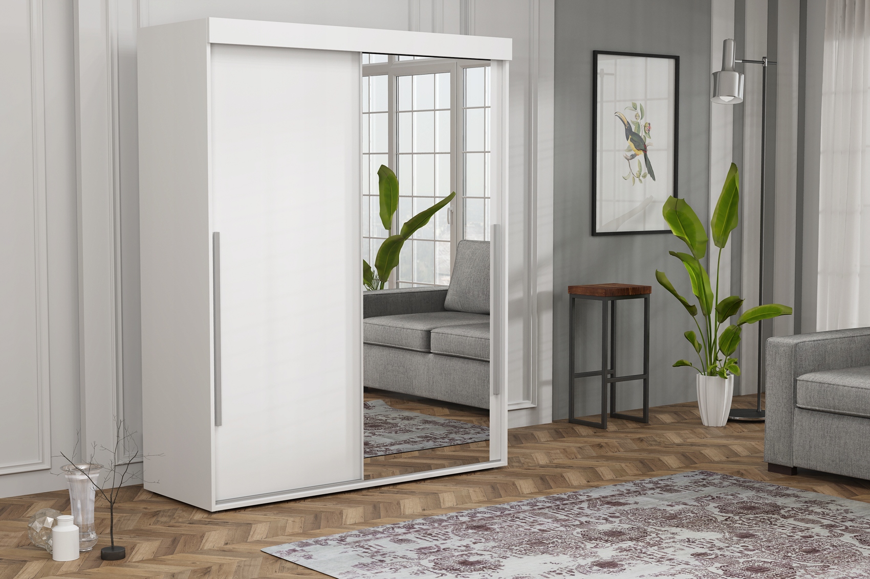 Stylowa Szafa SLIM Przesuwna ALLAM ALU LUSTRO 130X202X45.5 Biała Wąska Marka inna