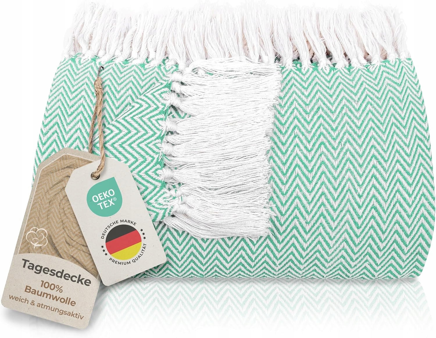 Přehoz Bavlněný 220x240 Mátová Jedlička Třásně 100% Bavlna 260 g/m²