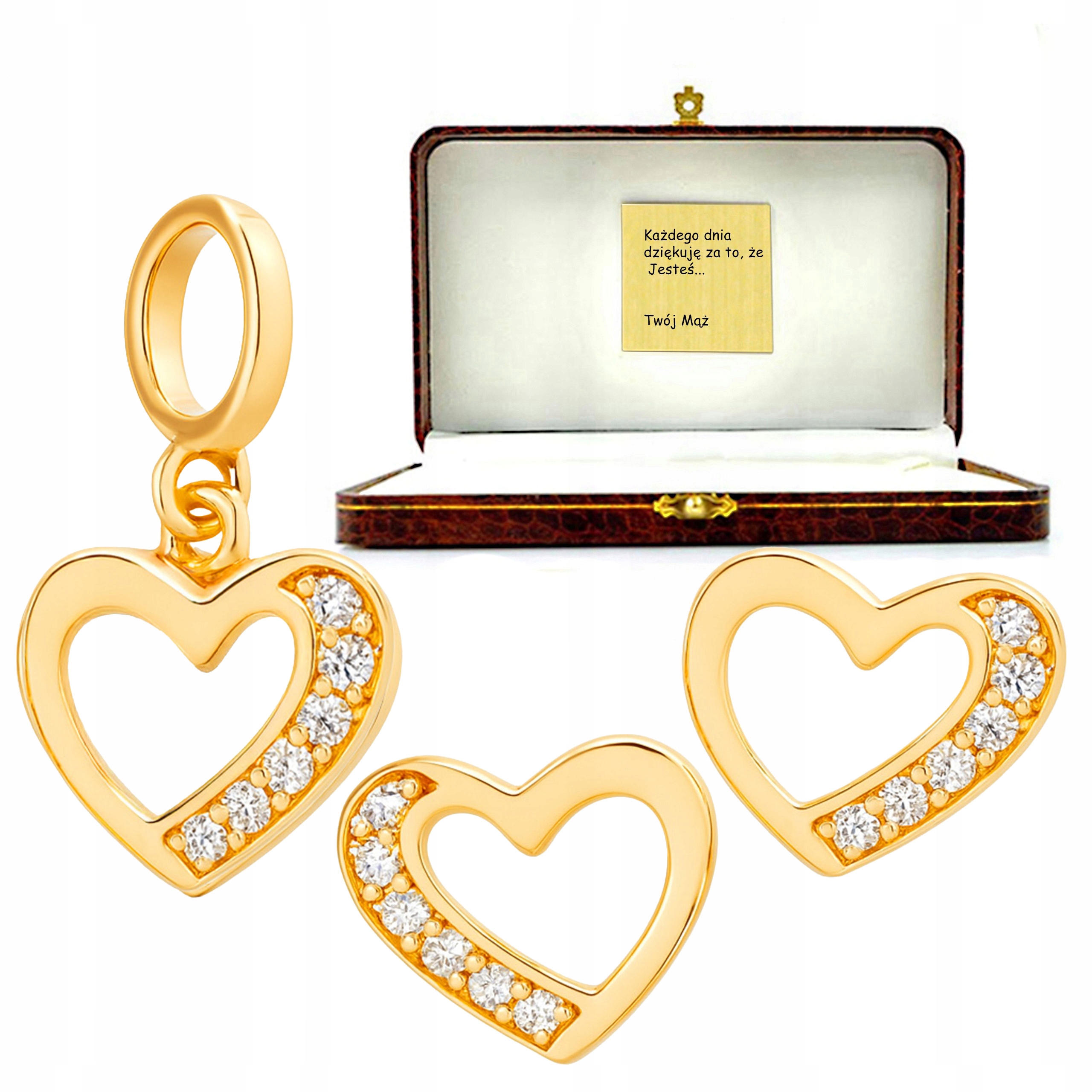 Zlatý komplet šperků srdíčka 585 srdíčka, sada přívěsků náušnice, nádherné