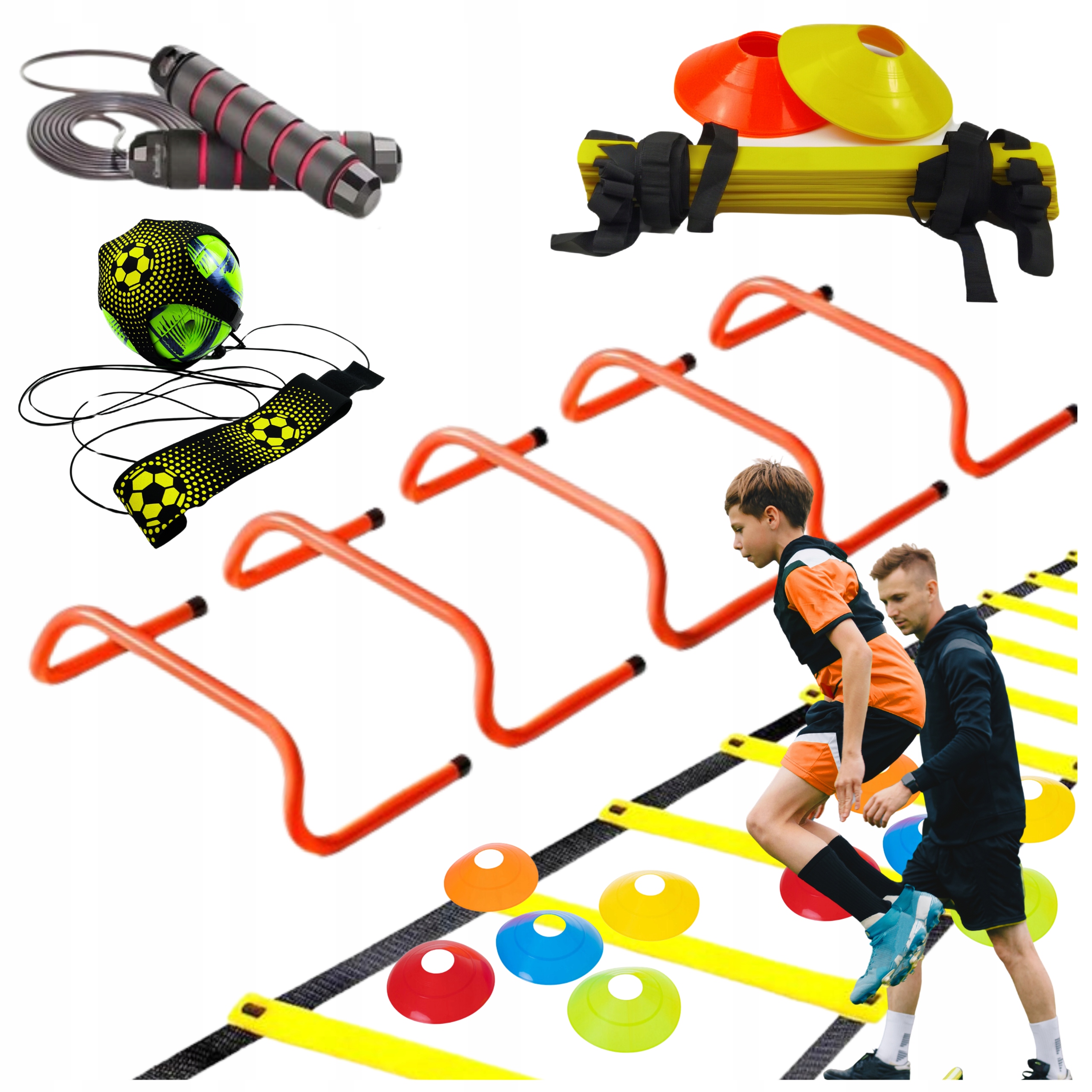 Zestaw Agility Trening Piłkarski Drabinka Płotki 15cm Skakanka Trener