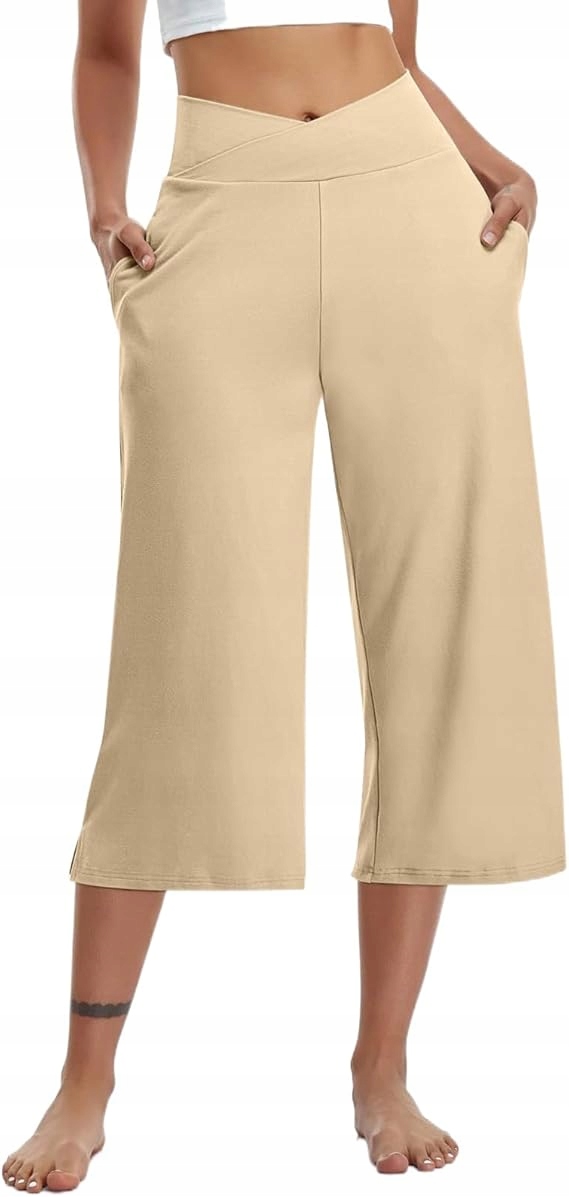 Beżowe spodnie sportowe 3/4 z kieszeniami fitness joga siłownia r. XL