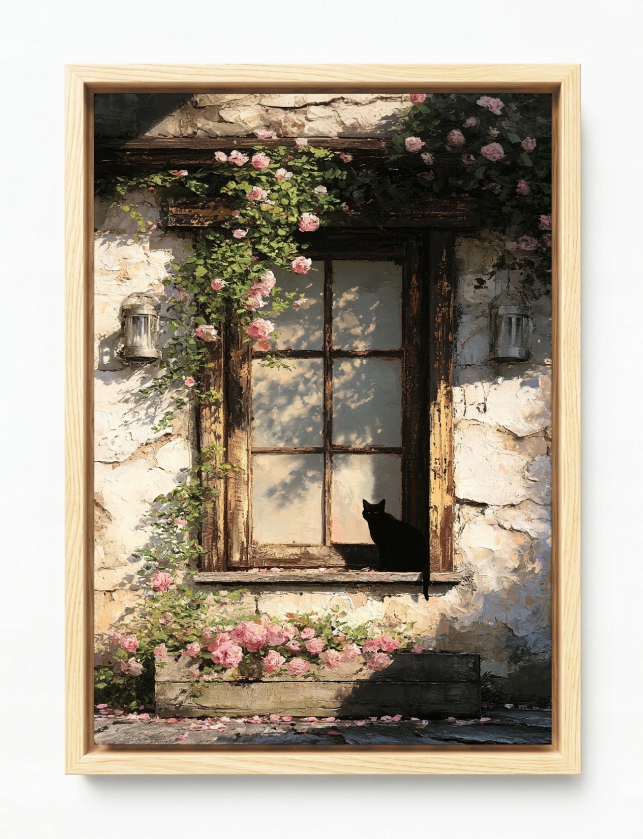 Obraz Rám American Box Dům Stěna Okno Černá Kočka Růžové Květy 80x120