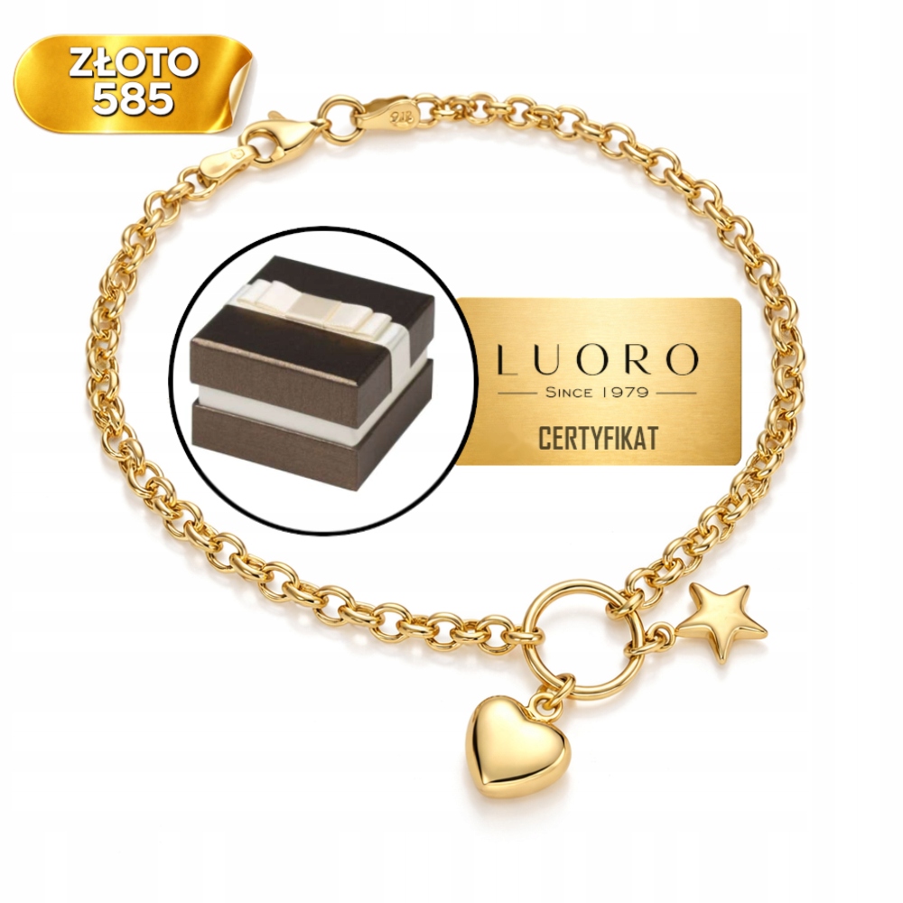 Zlatý náramek 585 14K srdce hvězdička 18,5 cm jemný elegantní