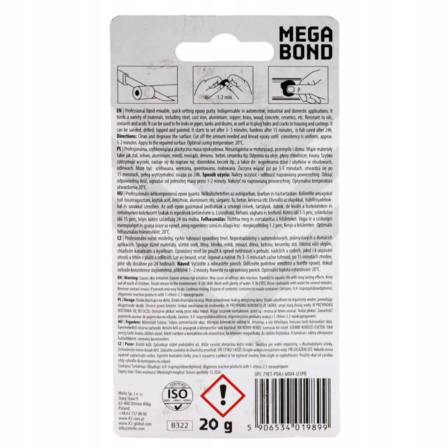 Plastelina Stalowa K2 Mega Bond +150°C 20g Stan opakowania oryginalne