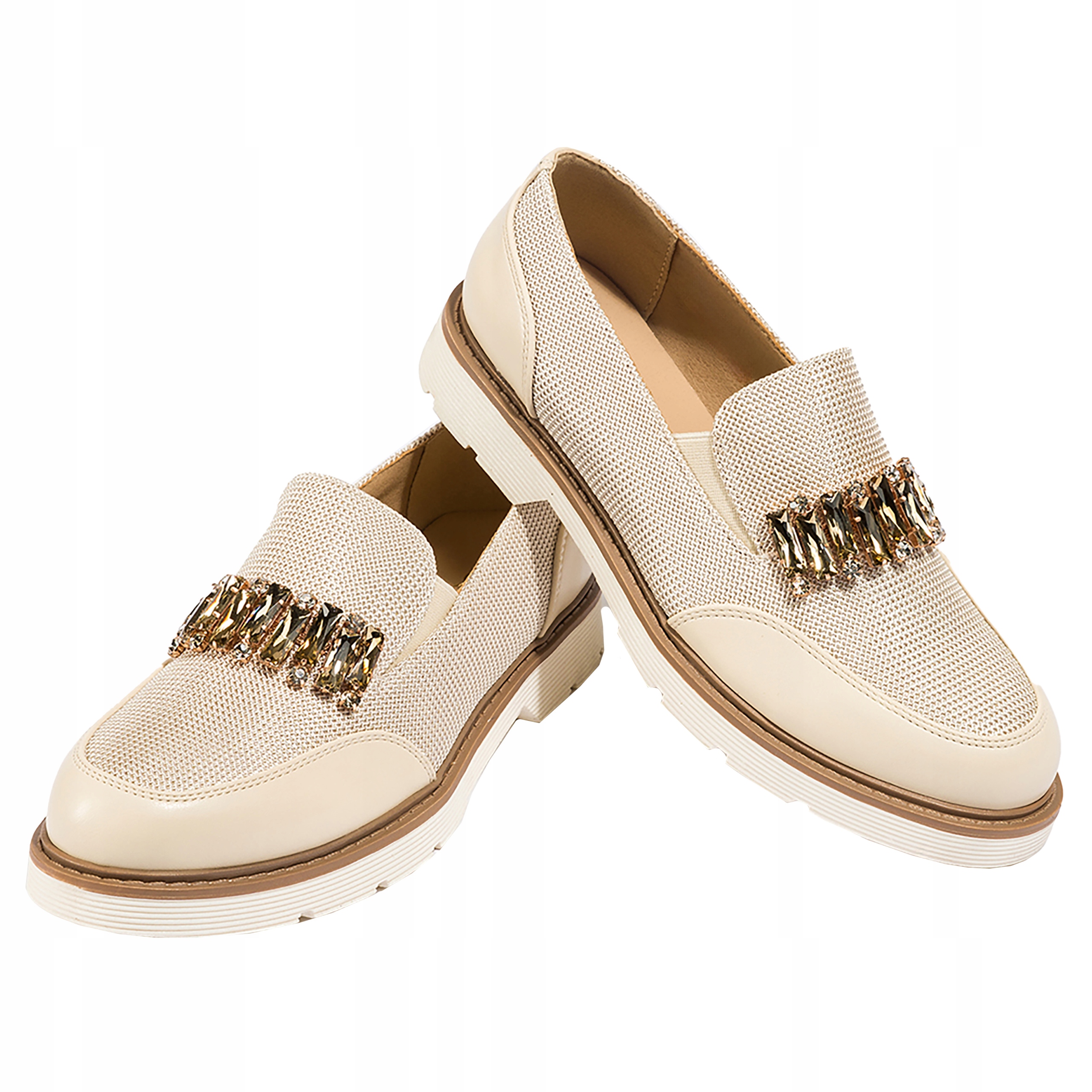 Półbuty Beżowe Mokasyny Damskie Błyszczące Wsuwane Skórzana Wkładka r 40