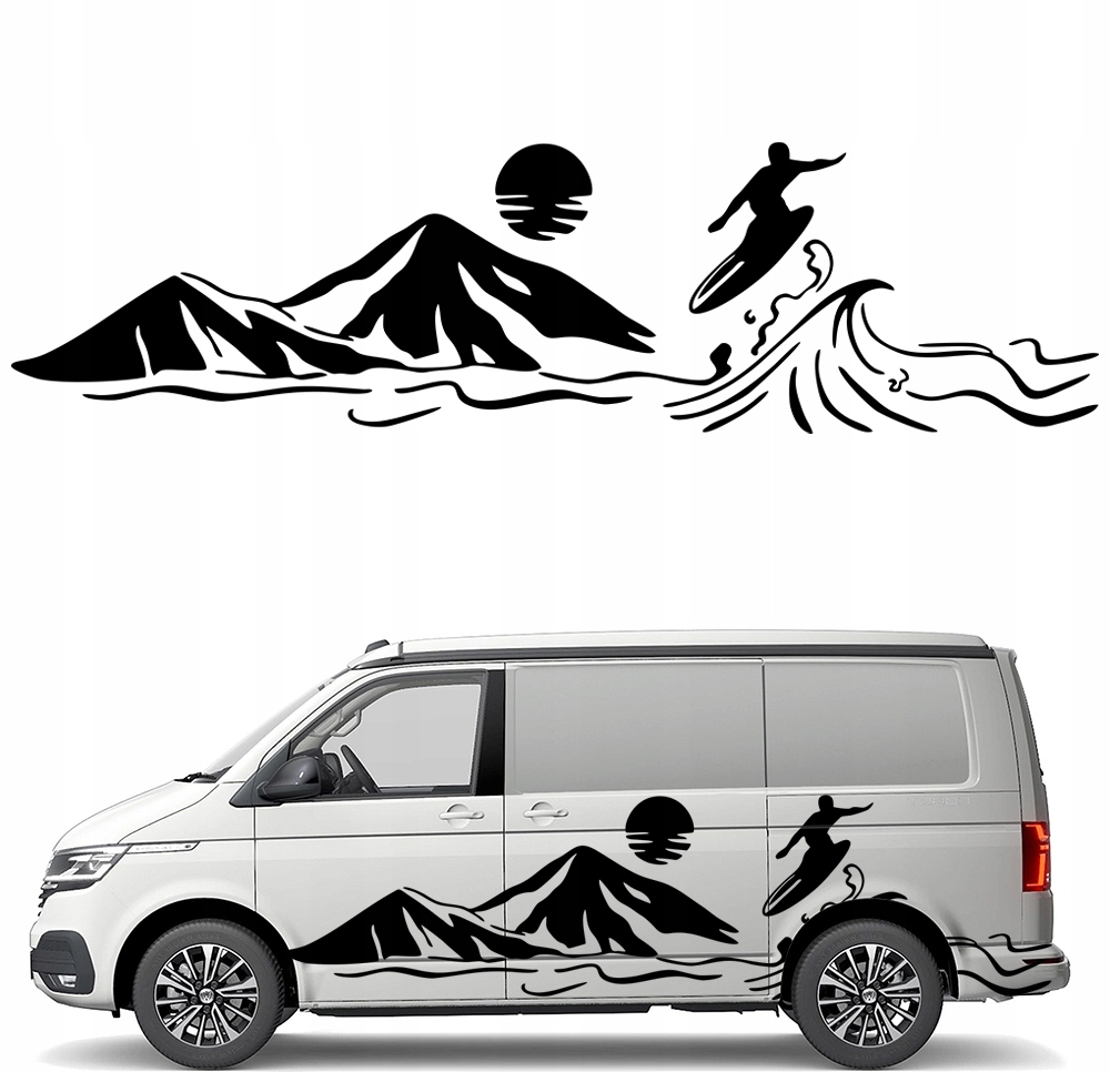 Samolepka Grafika na karavan auto Přívěs Surfing Surfer Vlna Hory 43x161