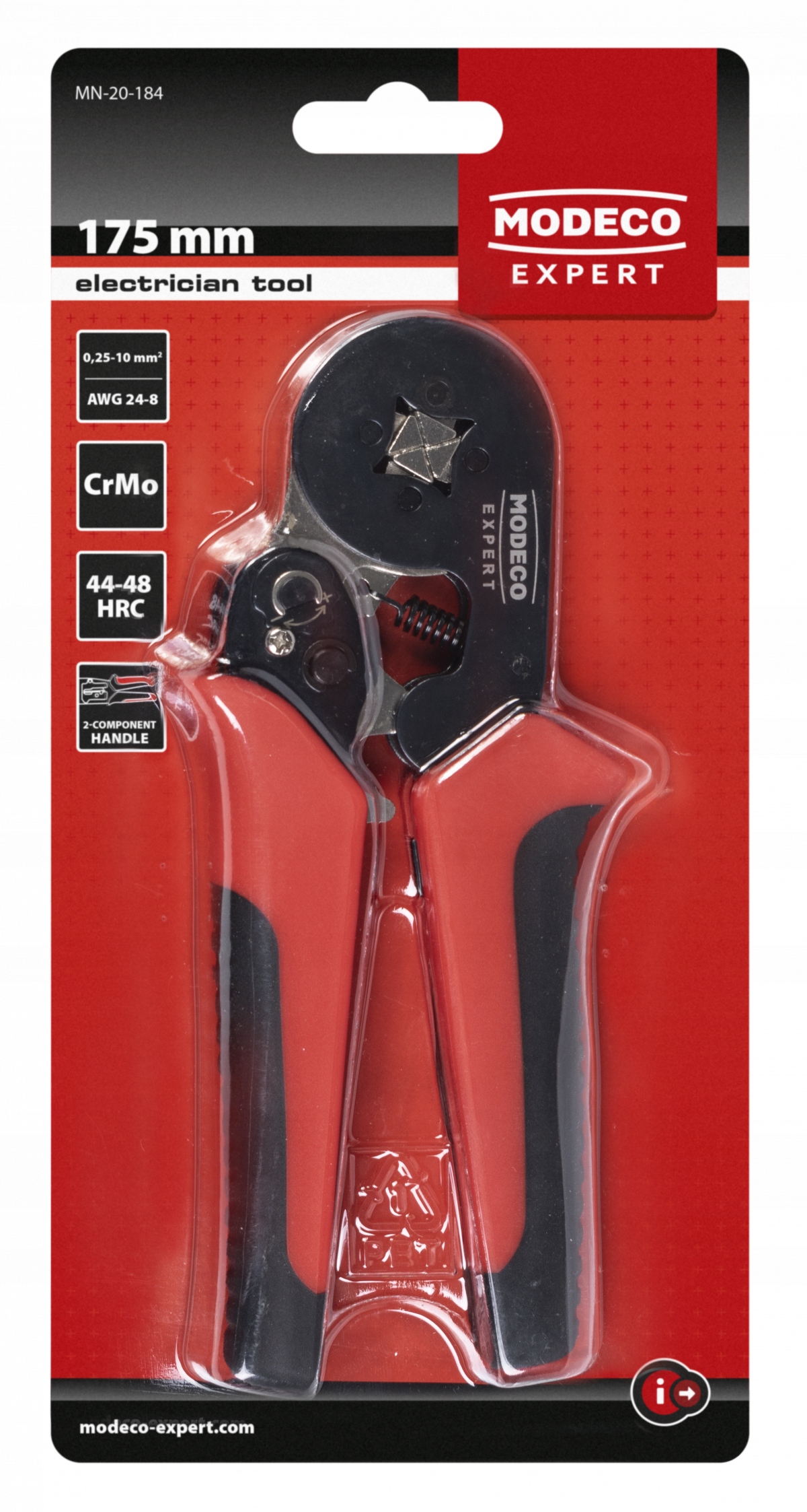 /><p>Szczypce do zaciskania końcówek tulejkowych 0,25-6 mm² MODECO MN-20-184 to precyzyjne narzędzie zaprojektowane do profesjonalnego zaciskania końcówek tulejkowych na przewodach elektrycznych. Dzięki regulowanej sile zacisku oraz solidnej konstrukcji, szczypce te zapewniają bezpieczne i trwałe połączenie, które jest niezbędne w instalacjach elektrycznych i pracach serwisowych.</p><h1>⚙️SPECYFIKACJA TECHNICZNA</h1><img src=